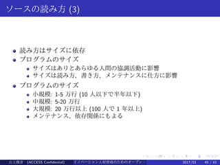 .
.
.
.
.
.
.
.
.
.
.
.
.
.
.
.
.
.
.
.
.
.
.
.
.
.
.
.
.
.
.
.
.
.
.
.
.
.
.
.
ソースの読み方 (3)
読み方はサイズに依存
プログラムのサイズ
サイズはありとあらゆる人間の協調活動に影響
サイズは読み方、書き方、メンテナンスに仕方に影響
プログラムのサイズ
小規模: 1-5 万行 (10 人以下で半年以下)
中規模: 5-20 万行
大規模: 20 万行以上 (100 人で 1 年以上)
メンテナンス、依存関係にもよる
山上俊彦 (ACCESS Confidential) イノベーション人材育成のためのオープン・ソース・ソフトウェア概説2017/03 45 / 61
 