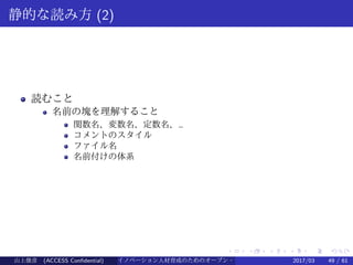 .
.
.
.
.
.
.
.
.
.
.
.
.
.
.
.
.
.
.
.
.
.
.
.
.
.
.
.
.
.
.
.
.
.
.
.
.
.
.
.
静的な読み方 (2)
読むこと
名前の塊を理解すること
関数名、変数名、定数名、…
コメントのスタイル
ファイル名
名前付けの体系
山上俊彦 (ACCESS Confidential) イノベーション人材育成のためのオープン・ソース・ソフトウェア概説2017/03 49 / 61
 