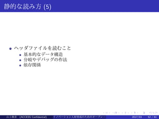 .
.
.
.
.
.
.
.
.
.
.
.
.
.
.
.
.
.
.
.
.
.
.
.
.
.
.
.
.
.
.
.
.
.
.
.
.
.
.
.
静的な読み方 (5)
ヘッダファイルを読むこと
基本的なデータ構造
分岐やデバッグの作法
依存関係
山上俊彦 (ACCESS Confidential) イノベーション人材育成のためのオープン・ソース・ソフトウェア概説2017/03 52 / 61
 