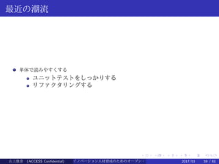 .
.
.
.
.
.
.
.
.
.
.
.
.
.
.
.
.
.
.
.
.
.
.
.
.
.
.
.
.
.
.
.
.
.
.
.
.
.
.
.
最近の潮流
単体で読みやすくする
ユニットテストをしっかりする
リファクタリングする
山上俊彦 (ACCESS Confidential) イノベーション人材育成のためのオープン・ソース・ソフトウェア概説2017/03 59 / 61
 