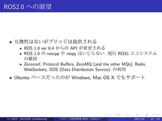 .
.
.
.
.
.
.
.
.
.
.
.
.
.
.
.
.
.
.
.
.
.
.
.
.
.
.
.
.
.
.
.
.
.
.
.
.
.
.
.
ROS2.0 への展望
互換性はないがブリッジは提供される
ROS 1.0 ver 0.4 からの API が変更される
ROS 1.0 の roscpp や rospy はいじらない: 現行 ROS1 エコシステム
の維持
Zeroconf, Protocol Buffers, ZeroMQ (and the other MQs), Redis,
WebSockets, DDS (Data Distribution Service). の利用
Ubuntu ベースだったのが Windows, Mac OS X でもサポート
山上俊彦 (ACCESS Confidential) ロボット・ソフトウェア開発環境 ROS とは何か？　 (ROS: Robot Operatin2017/03 15 / 16
 