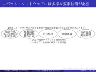 .
.
.
.
.
.
.
.
.
.
.
.
.
.
.
.
.
.
.
.
.
.
.
.
.
.
.
.
.
.
.
.
.
.
.
.
.
.
.
.
ロボット・ソフトウェアには多様な要素技術が必要
地図作成
自己位置同定
経路計画
駆動制御
運動制御
動作計画
信号処理 画像認識
音声認識
発話処理
【ロボット・ソフトウェアに必要な様々な要素技術 (かつては全てカスタムメイド)】
・OSS で既存ソフトウェア資産を活用
・一部分だけを自分の研究で代替可能
山上俊彦 (ACCESS Confidential) ロボット・ソフトウェア開発環境 ROS とは何か？　 (ROS: Robot Operatin2017/03 3 / 16
 