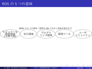 .
.
.
.
.
.
.
.
.
.
.
.
.
.
.
.
.
.
.
.
.
.
.
.
.
.
.
.
.
.
.
.
.
.
.
.
.
.
.
.
ROS の 5 つの意味
モジュラーな
開発環境
(交換可能)
実行環境 プログラ
ミング標準
開発ツール ユーザ
コミュニティ
【ROS の 5 つの意味（通常の OS とは少し意味が異なる）】
山上俊彦 (ACCESS Confidential) ロボット・ソフトウェア開発環境 ROS とは何か？　 (ROS: Robot Operatin2017/03 7 / 16
 