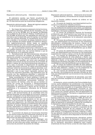 17196 Jueves 4 mayo 2006 BOE núm. 106 
Disposición adicional quinta. Calendario escolar. 
El calendario escolar, que fijarán anualmente las 
Administraciones educativas, comprenderá un mínimo 
de 175 días lectivos para las enseñanzas obligatorias. 
Disposición adicional sexta. Bases del régimen estatuta-rio 
de la función pública docente. 
1. Son bases del régimen estatutario de los funciona-rios 
públicos docentes, además de las recogidas, con tal 
carácter, en la Ley 30/1984, de 2 de agosto, de Medidas 
para la Reforma de la Función Pública, modificada por la 
Ley 23/1988, de 28 de julio, las reguladas por esta Ley y la 
normativa que la desarrolle, para el ingreso, la movilidad 
entre los cuerpos docentes, la reordenación de los cuer-pos 
y escalas, y la provisión de plazas mediante concur-sos 
de traslados de ámbito estatal. El Gobierno desarro-llará 
reglamentariamente dichas bases en aquellos 
aspectos básicos que sean necesarios para garantizar el 
marco común básico de la función pública docente. 
2. Las Comunidades Autónomas ordenarán su fun-ción 
pública docente en el marco de sus competencias, 
respetando, en todo caso, las normas básicas a que se 
hace referencia en el apartado anterior. 
3. Periódicamente, las Administraciones educativas 
convocarán concursos de traslado de ámbito estatal, a 
efectos de proceder a la provisión de las plazas vacantes 
que determinen en los centros docentes de enseñanza 
dependientes de aquéllas, así como para garantizar la 
posible concurrencia de los funcionarios de su ámbito de 
gestión a plazas de otras Administraciones educativas y, 
en su caso, si procede, la adjudicación de aquellas que 
resulten del propio concurso. En estos concursos podrán 
participar todos los funcionarios públicos docentes, cual-quiera 
que sea la Administración educativa de la que 
dependan o por la que hayan ingresado, siempre que 
reúnan los requisitos generales y los específicos que, de 
acuerdo con las respectivas plantillas o relaciones de 
puestos de trabajo, establezcan dichas convocatorias. 
Estas convocatorias se harán públicas a través del 
Boletín Oficial del Estado y de los Diarios Oficiales de las 
Comunidades Autónomas convocantes. Incluirán un 
único baremo de méritos, entre los que se tendrán en 
cuenta los cursos de formación y perfeccionamiento 
superados, los méritos académicos y profesionales, la 
antigüedad, la pertenencia a alguno de los cuerpos de 
catedráticos y la evaluación voluntaria de la función 
docente. 
A los efectos de los concursos de traslados de ámbito 
estatal y del reconocimiento de la movilidad entre los 
cuerpos docentes, las actividades de formación organiza-das 
por cualesquiera de las Administraciones educativas 
surtirán sus efectos en todo el territorio nacional. 
4. Durante los cursos escolares en los que no se 
celebren los concursos de ámbito estatal a los que se 
refiere esta disposición, las diferentes Administraciones 
educativas podrán organizar procedimientos de provisión 
referidos al ámbito territorial cuya gestión les corres-ponda 
y destinados a la cobertura de sus plazas, todo ello 
sin perjuicio de que en cualquier momento puedan reali-zar 
procesos de redistribución o de recolocación de sus 
efectivos. 
5. La provisión de plazas por funcionarios docentes 
en los centros superiores de enseñanzas artísticas se rea-lizará 
por concurso específico, de acuerdo con lo que 
determinen las Administraciones educativas. 
6. Los funcionarios docentes que obtengan una 
plaza por concurso deberán permanecer en la misma un 
mínimo de dos años para poder participar en sucesivos 
concursos de provisión de puestos de trabajo. 
Disposición adicional séptima. Ordenación de la función 
pública docente y funciones de los cuerpos docentes. 
1. La función pública docente se ordena en los 
siguientes cuerpos: 
a) El cuerpo de maestros, que desempeñará sus fun-ciones 
en la educación infantil y primaria. 
b) Los cuerpos de catedráticos de enseñanza secunda-ria 
y de profesores de enseñanza secundaria, que desempe-ñarán 
sus funciones en la educación secundaria obligatoria, 
bachillerato y formación profesional. 
c) El cuerpo de profesores técnicos de formación 
profesional, que desempeñará sus funciones en la for-mación 
profesional y, excepcionalmente, en las condi-ciones 
que se establezcan, en la educación secundaria 
obligatoria. 
d) El cuerpo de profesores de música y artes escéni-cas, 
que desempeñará sus funciones en las enseñanzas 
elementales y profesionales de música y danza, en las 
enseñanzas de arte dramático y, en su caso, en aquellas 
materias de las enseñanzas superiores de música y danza 
o de la modalidad de artes del bachillerato que se deter-minen. 
e) El cuerpo de catedráticos de música y artes escé-nicas, 
que desempeñará sus funciones en las enseñanzas 
superiores de música y danza y en las de arte dramático. 
f) Los cuerpos de catedráticos de artes plásticas y 
diseño y de profesores de artes plásticas y diseño, que 
desempeñarán sus funciones en las enseñanzas de artes 
plásticas y diseño, en las enseñanzas de conservación y 
restauración de bienes culturales y en las enseñanzas de la 
modalidad de artes del bachillerato que se determinen. 
g) El cuerpo de maestros de taller de artes plásticas 
y diseño, que desempeñará sus funciones en las enseñan-zas 
de artes plásticas y diseño y en las enseñanzas de 
conservación y restauración de bienes culturales. 
h) Los cuerpos de catedráticos de escuelas oficiales 
de idiomas y de profesores de escuelas oficiales de idio-mas, 
que desempeñarán sus funciones en las enseñanzas 
de idiomas. 
i) El cuerpo de inspectores de educación, que reali-zará 
las funciones recogidas en el artículo 151 de la pre-sente 
Ley. 
El Gobierno, previa consulta a las Comunidades Autó-nomas, 
podrá establecer las condiciones y los requisitos 
para que los funcionarios pertenecientes a alguno de los 
cuerpos docentes recogidos en el apartado anterior pue-dan 
excepcionalmente desempeñar funciones en una 
etapa o, en su caso, enseñanza distintas de las asignadas 
a su cuerpo con carácter general. Para tal desempeño se 
determinará la titulación, formación o experiencia que se 
consideren necesarias. 
Los cuerpos y escalas declarados a extinguir por las 
normas anteriores a la Ley Orgánica 1/1990, de 3 de octu-bre, 
de Ordenación General del Sistema Educativo, se 
regirán por lo establecido en aquellas disposiciones, sién-doles 
de aplicación lo señalado a efectos de movilidad en 
la disposición adicional duodécima de esta Ley. 
2. Corresponde al Gobierno, previa consulta a las 
Comunidades Autónomas, la creación o supresión de las 
especialidades docentes de los cuerpos a los que se 
refiere esta disposición, a excepción de la letra i) del apar-tado 
anterior, y la asignación de áreas, materias y módu-los 
que deberán impartir los funcionarios adscritos a cada 
una de ellas, sin perjuicio de lo dispuesto en el artícu lo 93.2 
de esta Ley. 
Asimismo, las Administraciones educativas podrán 
establecer los requisitos de formación o titulación que 
deben cumplir los funcionarios de los cuerpos que impar-ten 
la educación secundaria obligatoria para impartir 
enseñanzas de los primeros cursos de esta etapa corres- 
 
