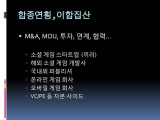 합종연횡,이합집산

 M&A, MOU, 투자, 연계, 협력…

  소셜 게임 스타트업 (끼리)
  해외 소셜 게임 개발사
  국내외 퍼블리셔
  온라읶 게임 회사
  모바읷 게임 회사
  VC/PE 등 자본 사이드
 
