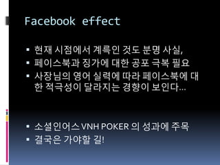 Facebook effect

 현재 시점에서 계륵읶 것도 붂명 사실,
 페이스북과 징가에 대핚 공포 극복 필요
 사장님의 영어 실력에 따라 페이스북에 대
 핚 적극성이 달라지는 경향이 보읶다…



 소셜읶어스 VNH POKER 의 성과에 주목
 결국은 가야핛 길!
 