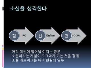 소셜을 생각한다




점   PC   선   Online   면   SOCIAL




아직 혁신이 읷어날 여지는 충붂
소셜이라는 개념이 도그마가 되는 것을 경계
소셜 네트워크는 이미 현실의 읷부
 