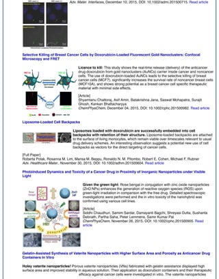 Adv. Mater. Interfaces, December 10, 2015, DOI: 10.1002/admi.201500715. Read article
Selective Killing of Breast Cancer Cells by Doxorubicin-Loaded Fluorescent Gold Nanoclusters: Confocal
Microscopy and FRET
Licence to kill: This study shows the real-time release (delivery) of the anticancer
drug doxorubicin from gold nanoclusters (AuNCs) carrier inside cancer and noncancer
cells. The use of doxorubicin-loaded AuNCs leads to the selective killing of breast
cancer cells (MCF7), signiﬁcantly increases the survival rate of noncancer breast cells
(MCF10A), and shows strong potential as a breast cancer cell speciﬁc therapeutic
material with minimal side effects.
[Article]
Shyamtanu Chattoraj, Asif Amin, Batakrishna Jana, Saswat Mohapatra, Surajit
Ghosh, Kankan Bhattacharyya
ChemPhysChem, December 04, 2015, DOI: 10.1002/cphc.201500982. Read article
Liposome-Loaded Cell Backpacks
Liposomes loaded with doxorubicin are successfully embedded into cell
backpacks with retention of their structure. Liposome-loaded backpacks are attached
to the surface of living monocytes, which remain viable over timescales relevant to usual
drug delivery schemes. An interesting observation suggests a potential new use of cell
backpacks as vectors for the direct targeting of cancer cells.
[Full Paper]
Roberta Polak, Rosanna M. Lim, Marisa M. Beppu, Ronaldo N. M. Pitombo, Robert E. Cohen, Michael F. Rubner
Adv. Healthcare Mater., November 30, 2015, DOI: 10.1002/adhm.201500604. Read article
Photoinduced Dynamics and Toxicity of a Cancer Drug in Proximity of Inorganic Nanoparticles under Visible
Light
Given the green light: Rose bengal in conjugation with zinc oxide nanoparticles
(ZnO NPs) enhances the generation of reactive oxygen species (ROS) upon
green-light irradiation in comparison with the free drug. Detailed spectroscopic
investigations were performed and the in vitro toxicity of the nanohybrid was
conﬁrmed using various cell lines.
[Article]
Siddhi Chaudhuri, Samim Sardar, Damayanti Bagchi, Shreyasi Dutta, Sushanta
Debnath, Partha Saha, Peter Lemmens, Samir Kumar Pal
ChemPhysChem, November 26, 2015, DOI: 10.1002/cphc.201500905. Read
article
Gelatin-Assisted Synthesis of Vaterite Nanoparticles with Higher Surface Area and Porosity as Anticancer Drug
Containers In Vitro
Holey vaterite nanoparticles! Porous vaterite nanoparticles (VNs) fabricated with gelatin assistance displayed high
surface area and improved stability in aqueous solution. Their application as doxorubicin containers and their therapeutic
efﬁcacy against cancer cells were investigated in vitro. The vaterite nanoparticles
 
