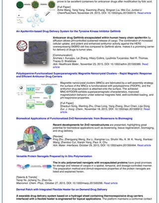 prove to be excellent containers for anticancer drugs after modiﬁcation by folic acid.
[Full Paper]
Anhe Wang, Yang Yang, Xiaoming Zhang, Xingcen Liu, Wei Cui, Junbai Li
ChemPlusChem, November 24, 2015, DOI: 10.1002/cplu.201500515. Read article
An Apoferritin-based Drug Delivery System for the Tyrosine Kinase Inhibitor Geﬁtinib
Anticancer drug Geﬁtinib encapsulated within human heavy chain apoferritin by
diffusion allows pH-controlled sustained release of cargo. The combination of increased
cellular uptake, and potent and enhanced antitumor activity against the HER2
overexpressing SKBR3 cell line compared to Geﬁtinib alone, makes it a promising carrier
for delivery of drugs to tumor sites.
[Communication]
Anchala I. Kuruppu, Lei Zhang, Hilary Collins, Lyudmila Turyanska, Neil R. Thomas,
Tracey D. Bradshaw
Adv. Healthcare Mater., November 23, 2015, DOI: 10.1002/adhm.201500389. Read
article
Polydopamine-Functionalized Superparamagnetic Magnetite Nanocrystal Clusters – Rapid Magnetic Response
and Efﬁcient Antitumor Drug Carriers
Magnetite nanocrystal clusters (MNCs) are fabricated by a self-assembly strategy,
the surface of the MNCs is functionalized with polydopamine (PDOPA), and the
antitumor drug epirubicin is attached onto the surface. The achieved
MNC@PDOPA exhibits superparamagnetic characteristics, improved
magnetization behavior under external magnetic ﬁeld, well-controlled loading, and
pH-responsive properties.
[Full Paper]
Shaokun Song, Wanting Zhu, Chao Long, Yang Zhang, Shun Chen, Lijie Dong
Eur. J. Inorg. Chem., November 18, 2015, DOI: 10.1002/ejic.201500912. Read
article.
Biomedical Applications of Functionalized ZnO Nanomaterials: from Biosensors to Bioimaging
Recent developments for ZnO nanostructures are presented, highlighting great
potential for biomedical applications such as biosensing, tissue regeneration, bioimaging,
and drug delivery.
[Review]
Ping Zhu, Zhengyang Weng, Xia Li, Xiangmei Liu, Shuilin Wu, K. W. K. Yeung, Xianbao
Wang, Zhenduo Cui, Xianjin Yang, Paul. K. Chu
Adv. Mater. Interfaces, October 29, 2015, DOI: 10.1002/admi.201500494. Read article
Versatile Protein Nanogels Prepared by In Situ Polymerization
The in situ polymerized nanogels with encapsulated proteins have great promises
for storage and release of cargos in a spatial, temporal, and dosage-controlled manner.
The preparation method and stimuli-responsive properties of the protein nanogels are
listed and explained herein.
[Talents & Trends]
Yanqi Ye, Jicheng Yu, Zhen Gu
Macromol. Chem. Phys., October 27, 2015, DOI: 10.1002/macp.201500296. Read article
Dermal Patch with Integrated Flexible Heater for on Demand Drug Delivery
A wearable drug delivery system based on a hydrogel sheet containing thermo​responsive drug carriers
interfaced with a ﬂexible heater is engineered for topical applications. The platform maintains a conformal contact
 