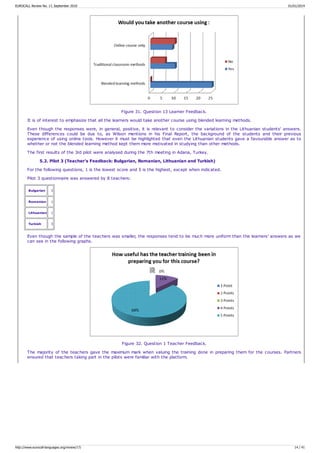 Figure 31. Question 13 Learner Feedback.
It is of interest to emphasize that all the learners would take another course using blended learning methods.
Even though the responses were, in general, positive, it is relevant to consider the variations in the Lithuanian students' answers.
These differences could be due to, as Wilson mentions in his Final Report, the background of the students and their previous
experience of using online tools. However it must be highlighted that even the Lithuanian students gave a favourable answer as to
whether or not the blended learning method kept them more motivated in studying than other methods.
The first results of the 3rd pilot were analysed during the 7th meeting in Adana, Turkey.
5.2. Pilot 3 (Teacher's Feedback: Bulgarian, Romanian, Lithuanian and Turkish)
For the following questions, 1 is the lowest score and 5 is the highest, except when indicated.
Pilot 3 questionnaire was answered by 8 teachers:
Bulgarian 3
Romanian 1
Lithuanian 1
Turkish 3
Even though the sample of the teachers was smaller, the responses tend to be much more uniform than the learners' answers as we
can see in the following graphs.
Figure 32. Question 1 Teacher Feedback.
The majority of the teachers gave the maximum mark when valuing the training done in preparing them for the courses. Partners
ensured that teachers taking part in the pilots were familiar with the platform.
EUROCALL Review No. 17, September 2010 01/01/2014
http://www.eurocall-languages.org/review/17/ 14 / 41
 