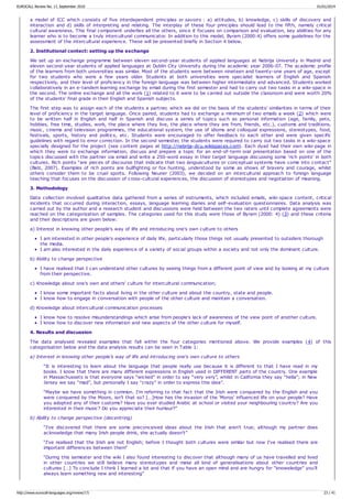 a model of ICC which consists of five interdependent principles or savoirs : a) attitudes, b) knowledge, c) skills of discovery and
interaction and d) skills of interpreting and relating. The interplay of these four principles should lead to the fifth, namely critical
cultural awareness. This final component underlies all the others, since it focuses on comparison and evaluation, key abilities for any
learner who is to become a truly intercultural communicator. In addition to this model, Byram (2000:4) offers some guidelines for the
assessment of the intercultural experience. These will be presented briefly in Section 4 below.
2. Institutional contect: setting up the exchange
We set up an exchange programme between eleven second-year students of applied languages at Nebrija University in Madrid and
eleven second-year students of applied languages at Dublin City University during the academic year 2006-07. The academic profile
of the learners from both universities was similar. Most of the students were between nineteen and twenty-one years of age, except
for two students who were a few years older. Students at both universities were specialist learners of English and Spanish
respectively, and their level of proficiency in the foreign language was between higher intermediate and advanced. Students worked
collaboratively in an e-tandem learning exchange by email during the first semester and had to carry out two tasks in a wiki-space in
the second. The online exchange and all the work (1) related to it were to be carried out outside the classroom and were worth 20%
of the students' final grade in their English and Spanish subjects.
The first step was to assign each of the students a partner, which we did on the basis of the students' similarities in terms of their
level of proficiency in the target language. Once paired, students had to exchange a minimum of two emails a week (2) which were
to be written half in English and half in Spanish and discuss a series of topics such as personal information (age, family, pets,
hobbies, free time, studies, work, the place where they live, the place where they are from, friends, etc.), customs and traditions,
music, cinema and television programmes, the educational system, the use of idioms and colloquial expressions, stereotypes, food,
festivals, sports, history and politics, etc. Students were encouraged to offer feedback to each other and were given specific
guidelines with regard to error correction. In the second semester, the students were required to carry out two tasks in a wiki-space
specially designed for the project (see content pages at http://nebrija-dcu.wikispaces.com). Each dyad had their own wiki-page in
which they were to exchange information, discuss and prepare a topic for an end-of-term oral presentation based on one of the
topics discussed with the partner via email and write a 250-word essay in their target language discussing some ‘rich points' in both
cultures. Rich points “are pieces of discourse that indicate that two languacultures or conceptual systems have come into contact”
(Belz, 2007). Examples of rich points are bullfighting or fox hunting, understood by some as shows of bravery and courage, whilst
others consider them to be cruel sports. Following Neuner (2003), we decided on an intercultural approach to foreign language
teaching that focuses on the discussion of cross-cultural experiences, the discussion of stereotypes and negotiation of meaning.
3. Methodology
Data collection involved qualitative data gathered from a series of instruments, which included emails, wiki-space content, critical
incidents that occurred during interaction, essays, language learning diaries and self-evaluation questionnaires. Data analysis was
carried out by the author and a research student and discussions were held between the two raters until complete agreements were
reached on the categorization of samples. The categories used for this study were those of Byram (2000: 4) (3) and these criteria
and their descriptions are given below:
a) Interest in knowing other people's way of life and introducing one's own culture to others
I am interested in other people's experience of daily life, particularly those things not usually presented to outsiders thorough
the media.
I am also interested in the daily experience of a variety of social groups within a society and not only the dominant culture.
b) Ability to change perspective
I have realised that I can understand other cultures by seeing things from a different point of view and by looking at my culture
from their perspective.
c) Knowledge about one's own and others' culture for intercultural communication;
I know some important facts about living in the other culture and about the country, state and people.
I know how to engage in conversation with people of the other culture and maintain a conversation.
d) Knowledge about intercultural communication processes
I know how to resolve misunderstandings which arise from people's lack of awareness of the view point of another culture.
I know how to discover new information and new aspects of the other culture for myself.
4. Results and discussion
The data analysed revealed examples that fall within the four categories mentioned above. We provide examples (4) of this
categorisation below and the data analysis results can be seen in Table 1:
a) Interest in knowing other people's way of life and introducing one's own culture to others
“It is interesting to learn about the language that people really use because it is different to that I have read in my
books. I know that there are many different expressions in English used in DIFFERENT parts of the country. One example
in Massachussets is that everyone says “wicked” in order to say “very very”, whilst in California they say “hella”; in New
Jersey we say “mad”, but personally I say “crazy” in order to express this idea”.
“Maybe we have something in common. I'm referring to that fact that the Irish were conquered by the English and you
were conquered by the Moors, isn't that so? […]How has the invasion of the ‘Moros' influenced life on your people? Have
you adopted any of their customs? Have you ever studied Arabic at school or visited your neighbouring country? Are you
interested in their music? Do you appreciate their humour?”
b) Ability to change perspective (decentring)
“I've discovered that there are some preconceived ideas about the Irish that aren't true; although my partner does
acknowledge that many Irish people drink, she actually doesn't”
“I've realised that the Irish are not English; before I thought both cultures were similar but now I've realised there are
important differences between them”
“During this semester and the wiki I also found interesting to discover that although many of us have travelled and lived
in other countries we still believe many stereotypes and make all kind of generalisations about other countries and
cultures […] To conclude I think I learned a lot and that if you have an open mind and are hungry for “knoweledge” you'll
always learn something new and interesting”
EUROCALL Review No. 17, September 2010 01/01/2014
http://www.eurocall-languages.org/review/17/ 23 / 41
 