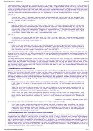 misunderstandings in social interaction, category (d) above). This became evident when analysing the only critical incident we found
which occurred during interaction. According to Cushner and Brislin (1996), a critical incident involves a situation concerning cross-
cultural misunderstanding. These incidents are particularly interesting in telecollaborative exchanges, since telecollaboration relies
heavily on the social interaction that takes place among participants and misunderstandings may pose a threat to the success of
such interaction. Below, we present an excerpt of a communicative exchange between two students in which a critical incident
could have undermined their exchange completely had they not managed to become friendly throughout the exchange:
[Student 1]
The other day I asked a classmate if she could tell me something about the Irish. She said that you drink a lot, don't
shower very often, rarely clean your houses and that Irish girls are very forward with boys. I don't know if this is true
but I hope you don't get offended by it.
[Student 2]
Regarding what you heard from your friend about the Irish, of course it's not true, and your friend sounds a bit ignorant
to be honest. Of course something like that would be offensive, it was just a list of insulting things. It is true that the
Irish drink a lot, but of course we bathe regularly and clean our houses. I hope you can see the absurdity of your
question. Also, you said “Creo que en Irlanda como en otros sitios de Inglaterra...". Just as a cultural note, never call the
Irish English. England had oppressed the Irish for 800 years, and many Irish would take that as the biggest offence of all.
I understand if you didn't know, which is why I have explained these things.
[Student 1]
I'm sorry much from the other day, what I said about Irish. I didn't think that I upset you. I asked my classmate because
I wanted to know something about you, but I see that it wasn't a good idea. But I said you that you will tell me things
about Irish and for this reason I asked. Excuse me.
[Student 2]
One thing that your classmate said and it's true is that Irish people drink a lot in general. However, as in many other
places in the world, if you drink in moderation it's not a problem. I don't know if they drink much more than people in
other countries. My friends and I drink at home before we go to the disco, but I don't like discos much. I rather have a
good conversation over a nice drink-in English we say “over a nice quiet pint” […]
There were a few mistakes in the email you sent me. You wrote “I'm sorry much from the other day”, but you should say “I'm very
sorry for the other day”.(By the way, don't worry about it. It was just a misunderstanding I suppose. But negative things are hard
not to be taken in a bad way, so I just wanted to make you aware that the things your classmate said were not true at all. Will we
put it behind us?)
The highly offensive remark made by the Spanish student could have jeopardised this dyad's exchange, since the Irish student could
have reacted by being offended and ending the interaction. However, the situation did not escalate because the Irish student
realised there was no malice, only ignorance, in the Spaniard's comments, and that she was deeply sorry for them. In their
communicative exchange, we can see that they had established a strong bond and it is likely that their previously good relationship
was the reason why the offended party, after clarifying the situation, was willing to “put it [the misunderstanding] behind them” and
forget about the whole incident.
Category b) ability to change perspective
Category b) ‘ability to change perspective' recorded the lowest number of instances (38). A plausible explanation for this is that
students were interested in providing information about their own culture and learning from the partner's culture, but this exchange
of information did not necessarily involve a change in perspective. Similar to findings in O'Dowd (2003:124), there were some
students who wanted to “correct misrepresentations” and “fight stereotypes” when they thought their culture was not properly
perceived or represented abroad. However, we also came across students who were able to decentre and change perspective. This
was reflected mostly in the language learning diaries, where reflection about their own culture and that of the partner was
encouraged:
[My partner] asked me in her last email about “Los Sanfermines”. I do not like bullfighting, so I did not know a lot about
it, but I looked for information to be able to explain to her about this festivity. This way I also learnt a little bit about my
own culture.
Today, [my partner] wrote me three emails…in the first one she explicated me her opinion about bullfighting, after my
explanation about “Los Sanfermines”. In short, she has the same opinion as I have. She does not understand why the
animals has to suffer before they die. She qualifies it as cruelty this kind of ‘art'.
Today I realize that there is a big rejection against bullfighting in foreign countries. I think it is normal because it is an
act of cruelty with the animals. Here we live with it since we are babies, so it is more common. Although, as I said
before, I do not like it and I do not understand it. Therefore, I totally understand that foreigners so not understand it
neither.
(Three entries from a student's language learning diary.)
In other cases, some conclusions based on serious reflection were pointed out by the students:
I think there are many prejudices and preconceived ideas in this world. For instance, many people think that the Irish
drink a lot of spirits when they are in a foreign country …this is quite true. However, there are many Irish people who
travel to see different peoples, cultures and lifestyles. I think such judgements are unfair…but we must expect that this
is where the world is at today and I feel it is only through such discussion similar to which we are under taking that
progress and understanding will be achieved.
Category d) Knowledge about intercultural communication processes
The category ‘knowledge about the intercultural communication process' (d) when defined as “I know how to discover new
information and new aspects of the other culture for myself” was difficult to identify in isolation, since examples of this category
tended to appear linked to the category ‘interest in knowing other people's way of life' (category a), as shown above. In order to be
able to show an interest in knowing other people's way of life, it is necessary to know how to discover new information about the
other culture. In a similar way, “knowing how to resolve misunderstandings which arise from people's lack of awareness of the view
point of another culture” (category d) also appeared to be linked to an ability to decentre, since this capacity to see things from a
different point of view and to look at one's own culture from someone else's perspective clearly facilitated the solving of
misunderstandings that arose in communicative interaction.
EUROCALL Review No. 17, September 2010 01/01/2014
http://www.eurocall-languages.org/review/17/ 25 / 41
 