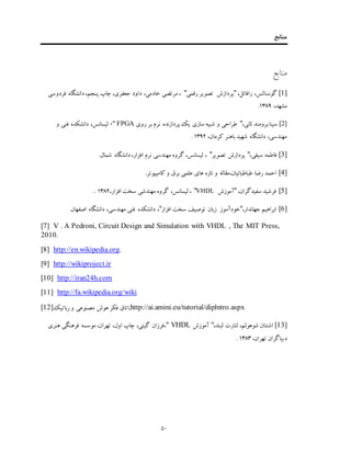 ‫منابع‬
50
‫منابع‬
[1]،‫رافائل‬ ،‫گونسالس‬"‫رقمی‬ ‫تصویر‬ ‫پردازش‬"‫فردوسی‬ ‫دانشگاه‬ ،‫پنجم‬ ‫چاپ‬ ،‫جعفری‬ ‫داود‬ ،‫خادمی‬ ‫مرتضی‬ ،
،‫مشهد‬1389.
[2]،‫ثانی‬ ‫برومند‬‫سینا‬"‫روی‬ ‫بر‬ ‫نرم‬ ‫پردازنده‬ ‫یک‬ ‫سازی‬‫شبیه‬ ‫و‬ ‫طراحی‬FPGA،"‫و‬ ‫فنی‬ ‫دانشکده‬ ،‫لیسانس‬
،‫کرمان‬ ‫باهنر‬‫شهید‬ ‫دانشگاه‬ ،‫مهندسی‬1392.
[3]،‫سیفی‬ ‫فاطمه‬"‫تصویر‬ ‫پردازش‬".‫شمال‬ ‫دانشگاه‬ ،‫افزار‬ ‫نرم‬ ‫مهندسی‬ ‫گروه‬ ،‫لیسانس‬ ،
[4]‫احمد‬.‫کامپیوتر‬ ‫و‬ ‫برق‬ ‫علمی‬ ‫های‬ ‫تازه‬ ‫و‬ ‫طباطبائیان،مقاله‬ ‫رضا‬
[5]،‫سفیدگران‬ ‫فرشید‬"‫آموزش‬VHDL"،‫افزار‬ ‫سخت‬ ‫مهندشی‬ ‫گروه‬ ،‫لیسانس‬ ،1382.
[6]،‫جهاندار‬ ‫ابراهیم‬"‫ز‬ ‫خودآموز‬‫افزار‬ ‫سخت‬ ‫توصیف‬ ‫بان‬"‫ف‬ ‫دانشکده‬ ،.‫اصفهان‬ ‫دانشگاه‬ ،‫مهندسی‬ ‫نی‬
[7] V . A Pedroni, Circuit Design and Simulation with VHDL , The MIT Press,
2010.
[8] http://en.wikipedia.org.
[9] http://wikiproject.ir
[10] http://iran24h.com
[11] http://fa.wikipedia.org/wiki
[12]‫رباتیک‬ ‫و‬ ‫مصنوعی‬ ‫هوش‬ ‫فکر‬ ‫,اتاق‬http://ai.amini.eu/tutorial/diplntro.aspx
[13]،‫لبند‬ ‫لنارت‬ ،‫شوهولم‬ ‫اشتنان‬"‫آموزش‬VHDL"‫هنری‬ ‫فرهنگی‬ ‫موسسه‬ ،‫تهران‬ ،‫اول‬ ‫چاپ‬ ،‫گیتی‬ ‫،فرزان‬
،‫تهران‬ ‫دیباگران‬1383.
 