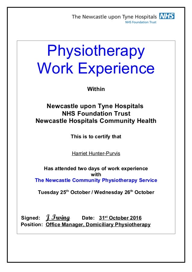 Physiotherapy Experience Certificate