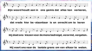 Zijn woord houdt aan in ons gemisdat alles kan verkeren,dat vrede hier bestaanbaar isen onrecht om te kerenHij doet ons kiezen voor de mensbedreigd, verarmd, vergeten.Hij voert ons naar de laatste grens om van elkaar te weten.