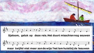 Sjaloom, geluk op deze reis.Het duurt misschien nog eeuwenmaar twijfel niet meer aan de wijs:'het lam huist bij de leeuwen !'(van Opbergen Jan / van de Velde Jan-Willem)