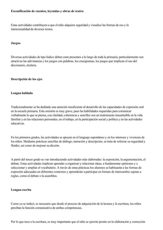 Escenificación de cuentos, leyendas y obras de teatro
Estas actividades contribuyen a que el niño adquiera seguridad y visualice las formas de eso y la
intencionalidad de diversos textos.
Juegos
Diversas actividades de tipo lúdico deben estar presentes a lo largo de toda la primaria; particularmente son
atractivas las adivinanzas y los juegos con palabras, los crucigramas, los juegos que implican el uso del
diccionario, etcétera.
Descripción de los ejes
Lengua hablada
Tradicionalmente se ha deditado una atención insuficiente al desarrollo de las capacidades de expresión oral
en la escuela primaria. Esta omisión es muy grave, pues las habilidades requeridas para comunicar
verbalmente lo que se piensa, con claridad, coherencia y sencillez son un instrumento insustituible en la vida
familiar y en las relaciones personales, en el trabajo, en la participación social y política y en las actividades
educativas.
En los primeros grados, las actividades se apoyan en el lenguaje espontáneo y en los intereses y vivencias de
los niños. Mediante prácticas sencillas de diálogo, narración y descripción, se trata de reforzar su seguridad y
fluidez, así como de mejorar su dicción.
A partir del tercer grado se van introduciendo actividades más elaboradas: la exposición, la argumentación, el
debate. Estas actividades implican aprender a organizar y relacionar ideas, a fundamentar opiniones y a
seleccionar y ampliar el vocabulario. A través de estas prácticas los alumnos se habituarán a las formas de
expresión adecuadas en diferentes contextos y aprenderán a participar en formas de intercambio sujetas a
reglas, como el debate o la asamblea.
Lengua escrita
Como ya se indicó, es necesario que desde el proceso de adquisición de la lectura y la escritura, los niños
perciban la función comunicativa de ambas competencias.
Por lo que toca a la escritura, es muy importante que el niño se ejercite pronto en la elaboración y corrección
 