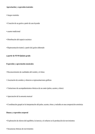 Apreciación y expresión teatrales
• Juegos teatrales
• Creación de un guión a partir de una leyenda
• cuento tradicional
• Distribución del espacio escénico
• Representación teatral, a partir del guión elaborado
a partir de 93-94 Quinto grado
Expresión y apreciación musicales
• Reconocimiento de cualidades del sonido y el ritmo
• Asociación de sonidos y silencios a representaciones gráficas
• Variaciones de acompañamientos rítmicos de un canto (pulso, acento y ritmo)
• Apreciación de la armonía musical
• Coordinación grupal en la interpretación del pulso, acento, ritmo y melodía en una composición armónica
Danza y expresión corporal
• Exploración de efectos del equilibrio, la inercia y el esfuerzo en la producción de movimientos
• Secuencias rítmicas de movimientos
 