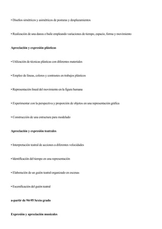 • Diseños simétricos y asimétricos de posturas y desplazamientos
• Realización de una danza o baile empleando variaciones de tiempo, espacio, forma y movimiento
Apreciación y expresión plásticas
• Utilización de técnicas plásticas con diferentes materiales
• Empleo de líneas, colores y contrastes en trabajos plásticos
• Representación lineal del movimiento en la figura humana
• Experimentar con la perspectiva y proporción de objetos en una representación gráfica
• Construcción de una estructura para modelado
Apreciación y expresión teatrales
• Interpretación teatral de acciones a diferentes velocidades
• ldentiflcación del tiempo en una representación
• Elaboración de un guión teatral organizado en escenas
• Escenificación del guión teatral
a-partir de 94-95 Sexto grado
Expresión y apreciación musicales
 