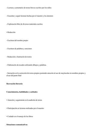 - Lectura y comentario de textos breves escritos por los niños
- Escuchar y seguir lecturas hechas por el maestro y los alumnos
- Exploración libre de diversos materiales escritos
• Redacción
- Escritura del nombre propio
- Escritura de palabras y oraciones
- Redacción e ilustración de textos
- Elaboración de recados utilizando dibujos y palabras.
- Iniciación en la corrección de textos propios poniendo atención al uso de mayúsculas en nombres propios y
al uso del punto final
Recreación literaria
Conocimientos, habilidades y actitudes
• Atención y seguimiento en la audición de textos
• Participación en lecturas realizadas por el maestro
• Cuidado en el manejo de los libros
Situaciones comunicativas
 