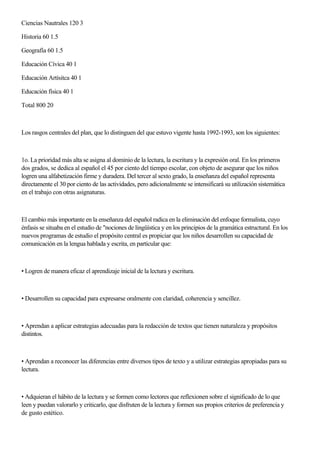 Ciencias Nautrales 120 3
Historia 60 1.5
Geografía 60 1.5
Educación Cívica 40 1
Educación Artísitca 40 1
Educación física 40 1
Total 800 20
Los rasgos centrales del plan, que lo distinguen del que estuvo vigente hasta 1992-1993, son los siguientes:
1o. La prioridad más alta se asigna al dominio de la lectura, la escritura y la expresión oral. En los primeros
dos grados, se dedica al español el 45 por ciento del tiempo escolar, con objeto de asegurar que los niños
logren una alfabetización firme y duradera. Del tercer al sexto grado, la enseñanza del español representa
directamente el 30 por ciento de las actividades, pero adicionalmente se intensificará su utilización sistemática
en el trabajo con otras asignaturas.
El cambio más importante en la enseñanza del español radica en la eliminación del enfoque formalista, cuyo
énfasis se situaba en el estudio de "nociones de lingüística y en los principios de la gramática estructural. En los
nuevos programas de estudio el propósito central es propiciar que los niños desarrollen su capacidad de
comunicación en la lengua hablada y escrita, en particular que:
• Logren de manera eficaz el aprendizaje inicial de la lectura y escritura.
• Desarrollen su capacidad para expresarse oralmente con claridad, coherencia y sencillez.
• Aprendan a aplicar estrategias adecuadas para la redacción de textos que tienen naturaleza y propósitos
distintos.
• Aprendan a reconocer las diferencias entre diversos tipos de texto y a utilizar estrategias apropiadas para su
lectura.
• Adquieran el hábito de la lectura y se formen como lectores que reflexionen sobre el significado de lo que
leen y puedan valorarlo y criticarlo, que disfruten de la lectura y formen sus propios criterios de preferencia y
de gusto estético.
 