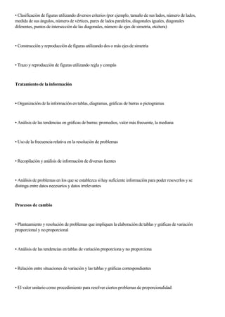 • Clasificación de figuras utilizando diversos criterios (por ejemplo, tamaño de sus lados, número de lados,
medida de sus ángulos, número de vértices, pares de lados paralelos, diagonales iguales, diagonales
diferentes, puntos de intersección de las diagonales, número de ejes de simetría, etcétera)
• Construcción y reproducción de figuras utilizando dos o más ejes de simetría
• Trazo y reproducción de figuras utilizando regla y compás
Tratamiento de la información
• Organización de la información en tablas, diagramas, gráficas de barras o pictogramas
• Análisis de las tendencias en gráficas de barras: promedios, valor más frecuente, la mediana
• Uso de la frecuencia relativa en la resolución de problemas
• Recopilación y análisis de información de diversas fuentes
• Análisis de problemas en los que se establezca si hay suficiente información para poder resoverlos y se
distinga entre datos necesarios y datos irrelevantes
Procesos de cambio
• Planteamiento y resolución de problemas que impliquen la elaboración de tablas y gráficas de variación
proporcional y no proporcional
• Análisis de las tendencias en tablas de variación proporciona y no proporciona
• Relación entre situaciones de variación y las tablas y gráficas correspondientes
• El valor unitario como procedimiento para resolver ciertos problemas de proporcionalidad
 