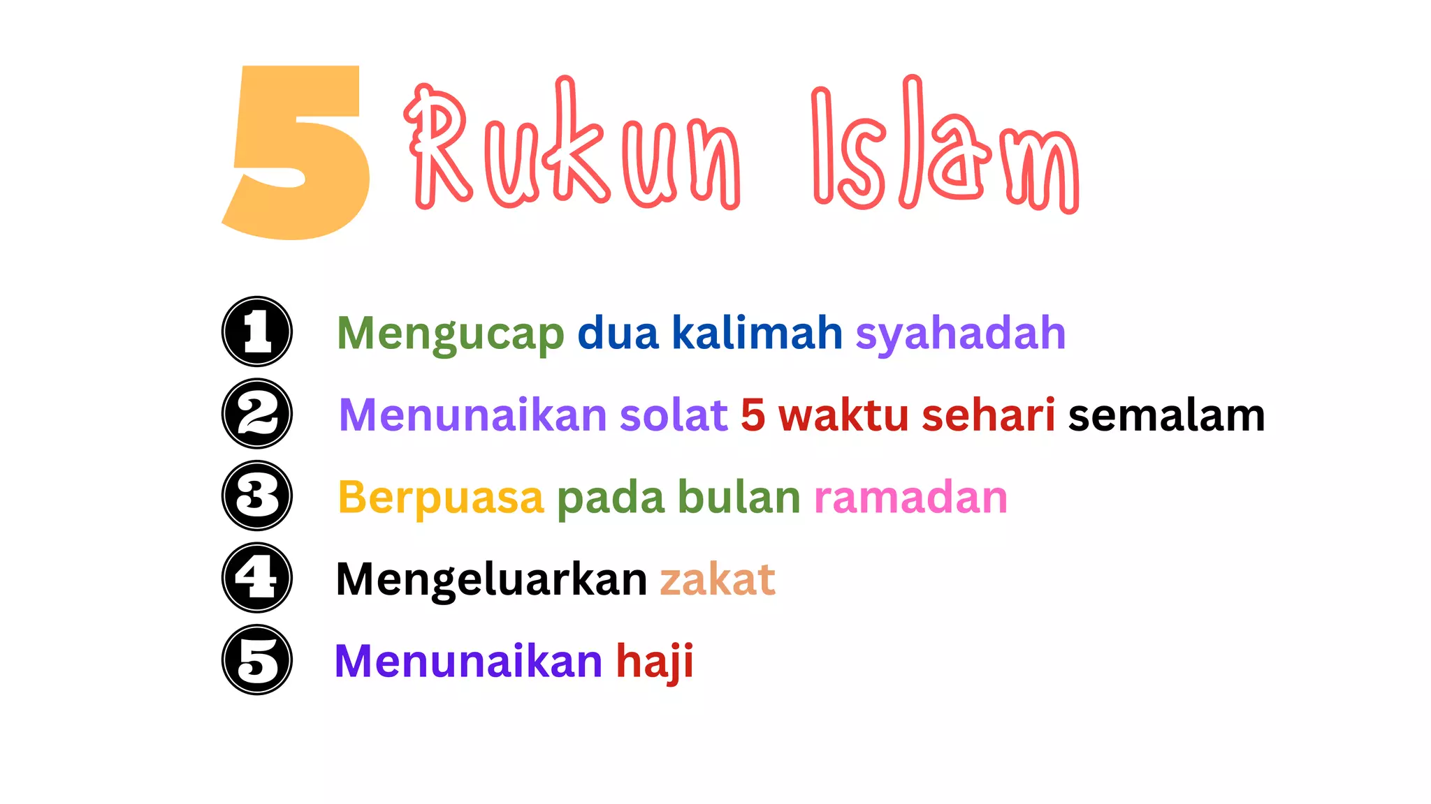 Rukun Islam
Mengucap dua kalimah syahadah
Menunaikan solat 5 waktu sehari semalam
Mengeluarkan zakat
Berpuasa pada bulan ramadan
Menunaikan haji
 