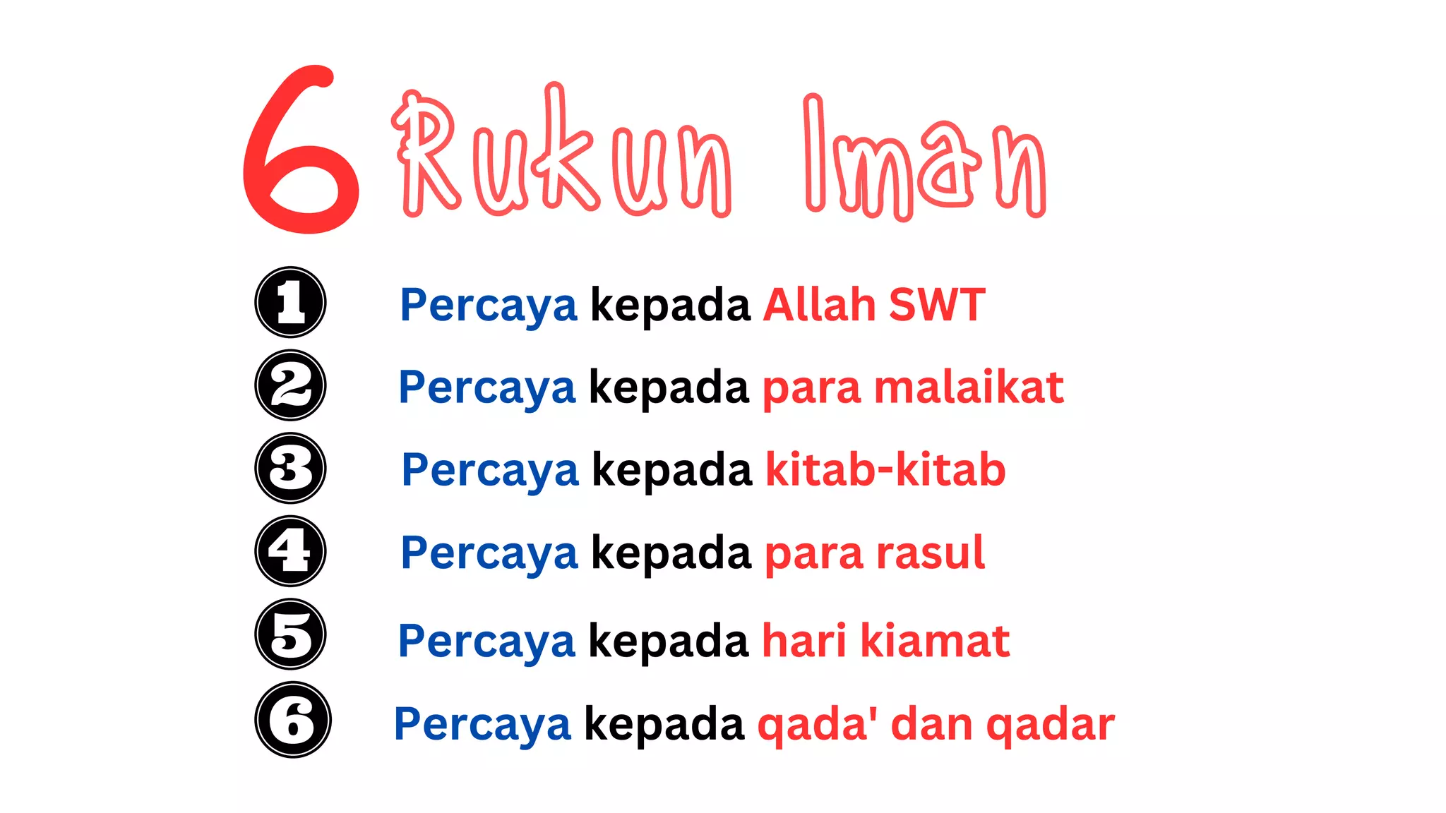 Rukun Iman
Percaya kepada Allah SWT
Percaya kepada para malaikat
Percaya kepada para rasul
Percaya kepada kitab-kitab
Percaya kepada hari kiamat
Percaya kepada qada' dan qadar
 