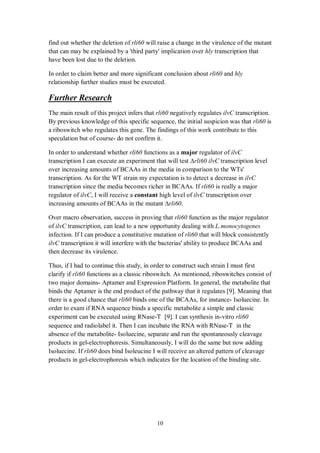10
find out whether the deletion of rli60 will raise a change in the virulence of the mutant
that can may be explained by a 'third party' implication over hly transcription that
have been lost due to the deletion.
In order to claim better and more significant conclusion about rli60 and hly
relationship further studies must be executed.
esearchurther RF
The main result of this project infers that rli60 negatively regulates ilvC transcription.
By previous knowledge of this specific sequence, the initial suspicion was that rli60 is
a riboswitch who regulates this gene. The findings of this work contribute to this
speculation but of course- do not confirm it.
In order to understand whether rli60 functions as a major regulator of ilvC
transcription I can execute an experiment that will test rli60 ilvC transcription level
over increasing amounts of BCAAs in the media in comparison to the WTs'
transcription. As for the WT strain my expectation is to detect a decrease in ilvC
transcription since the media becomes richer in BCAAs. If rli60 is really a major
regulator of ilvC, I will receive a constant high level of ilvC transcription over
increasing amounts of BCAAs in the mutant rli60.
Over macro observation, success in proving that rli60 function as the major regulator
of ilvC transcription, can lead to a new opportunity dealing with L.monocytogenes
infection. If I can produce a constitutive mutation of rli60 that will block consistently
ilvC transcription it will interfere with the bacterias' ability to produce BCAAs and
then decrease its virulence.
Thus, if I had to continue this study, in order to construct such strain I must first
clarify if rli60 functions as a classic riboswitch. As mentioned, riboswitches consist of
two major domains- Aptamer and Expression Platform. In general, the metabolite that
binds the Aptamer is the end product of the pathway that it regulates [9]. Meaning that
there is a good chance that rli60 binds one of the BCAAs, for instance- Isoluecine. In
order to exam if RNA sequence binds a specific metabolite a simple and classic
experiment can be executed using RNase-T [9]. I can synthesis in-vitro rli60
sequence and radiolabel it. Then I can incubate the RNA with RNase-T in the
absence of the metabolite- Isoluecine, separate and run the spontaneously cleavage
products in gel-electrophoresis. Simultaneously, I will do the same but now adding
Isoluecine. If rli60 does bind Isoleucine I will receive an altered pattern of cleavage
products in gel-electrophoresis which indicates for the location of the binding site.
 