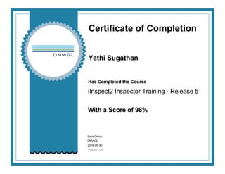 Certificate of Completion
Yathi Sugathan
Has Completed the Course
iInspect2 Inspector Training - Release 5
With a Score of 98%
Ilaria Orrico
DNV-GL
2016-05-30
1550813126
 