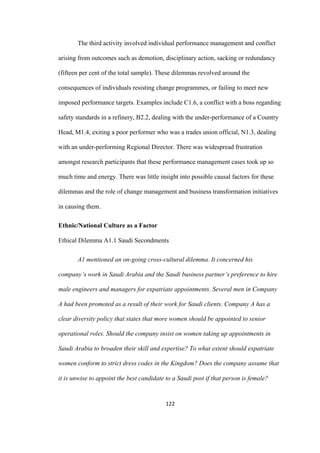 122	
The third activity involved individual performance management and conflict
arising from outcomes such as demotion, disciplinary action, sacking or redundancy
(fifteen per cent of the total sample). These dilemmas revolved around the
consequences of individuals resisting change programmes, or failing to meet new
imposed performance targets. Examples include C1.6, a conflict with a boss regarding
safety standards in a refinery, B2.2, dealing with the under-performance of a Country
Head, M1.4, exiting a poor performer who was a trades union official, N1.3, dealing
with an under-performing Regional Director. There was widespread frustration
amongst research participants that these performance management cases took up so
much time and energy. There was little insight into possible causal factors for these
dilemmas and the role of change management and business transformation initiatives
in causing them.
Ethnic/National Culture as a Factor
Ethical Dilemma A1.1 Saudi Secondments
A1 mentioned an on-going cross-cultural dilemma. It concerned his
company’s work in Saudi Arabia and the Saudi business partner’s preference to hire
male engineers and managers for expatriate appointments. Several men in Company
A had been promoted as a result of their work for Saudi clients. Company A has a
clear diversity policy that states that more women should be appointed to senior
operational roles. Should the company insist on women taking up appointments in
Saudi Arabia to broaden their skill and expertise? To what extent should expatriate
women conform to strict dress codes in the Kingdom? Does the company assume that
it is unwise to appoint the best candidate to a Saudi post if that person is female?
 