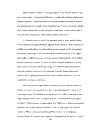 140	
There were low numbers of female participants in this research. Interviewing
more women leaders may highlight differences regarding the navigation of dilemmas
in terms of gender. This research found few differences in the choices made by male
and female leaders when faced with an ethical dilemma. A larger sample that included
more female leaders would answer the question: do women, as senior leaders tend to
use different resources to men when faced with ethical dilemmas?
It is also important to consider the economic sector in future research design.
Certain industries may generate certain types of ethical dilemma. Ethical dilemmas in
the Pharmaceutical industry seemed to cluster around research and development and
the launch of new drugs. In the Food industry the dilemmas clustered in the supply
chain and involved the wages and working conditions of agricultural workers and the
humane treatment of animals. The public sector and financial services were largely
absent from this study, whilst mining, energy, food and drink, telecommunications
and professional services were well represented. It may be the case that certain
resources for navigating dilemmas are also linked to specific industries. This issue
needs further testing and exploration.
This study included eight narratives from Saudi, Indian and Latin American
leaders, working in companies that have their corporate headquarters outside North
America or Europe. Data from these interviews provided a different worldview from
expatriate perspectives. There is scope to carry out a number of studies that explore
the beliefs of this population in greater depth. How do Chinese or Indian multinational
businesses for example, approach the issue of ethics as they expand into different
markets in Africa, Latin America or Europe? This remains a vital and poorly
researched issue. It remains a total mystery what happens when the world of “guanxi”
 