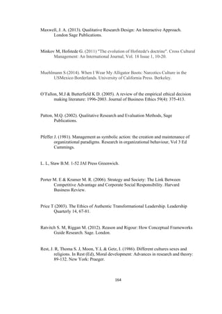 164	
Maxwell, J. A. (2013). Qualitative Research Design: An Interactive Approach.
London Sage Publications.
Minkov M, Hofstede G. (2011) "The evolution of Hofstede's doctrine". Cross Cultural
Management: An International Journal, Vol. 18 Issue 1, 10-20.
Muehlmann S (2014). When I Wear My Alligator Boots: Narcotics Culture in the
USMexico Borderlands. University of California Press. Berkeley.
O’Fallon, M.J & Butterfield K D. (2005). A review of the empirical ethical decision
making literature: 1996-2003. Journal of Business Ethics 59(4): 375-413.
Patton, M.Q. (2002). Qualitative Research and Evaluation Methods, Sage
Publications.
Pfeffer J. (1981). Management as symbolic action: the creation and maintenance of
organizational paradigms. Research in organizational behaviour, Vol 3 Ed
Cummings.
L. L, Staw B.M. 1-52 JAI Press Greenwich.
Porter M. E & Kramer M. R. (2006). Strategy and Society: The Link Between
Competitive Advantage and Corporate Social Responsibility. Harvard
Business Review.
Price T (2003). The Ethics of Authentic Transformational Leadership. Leadership
Quarterly 14, 67-81.
Ratvitch S. M, Riggan M. (2012). Reason and Rigour: How Conceptual Frameworks
Guide Research. Sage. London.
Rest, J. R, Thoma S. J, Moon, Y.L & Getz, I. (1986). Different cultures sexes and
religions. In Rest (Ed), Moral development: Advances in research and theory:
89-132. New York: Praeger.
 