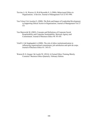 166	
Trevino, L. K, Weaver, G. R & Reynolds S. J. (2006). Behavioural Ethics in
Organizations. A Review. Journal of Management Vol 32 951-990.
Van Velsor E & Ascalon E. (2008). The Role and Impact of Leadership Development
in Supporting Ethical Action in Organisations. Journal of Management Vol 27
(2).
Van Marrewijk M. (2003). Concepts and Definitions of Corporate Social
Responsibility and Corporate Sustainability: Between Agency and
Commitment. Journal of Business Ethics 44: 95-105.
Vitell S. J & Singhapakdi A (2008). The role of ethics institutionalization in
influencing organizational commitment, job satisfaction and spirit de corps.
Journal of Business Ethics 81: 343-53.
Warren D. E, Gaspar J & Laufer W. (2014). Is Formal Ethics Training Merely
Cosmetic? Business Ethics Quarterly. February Edition.	
	
 