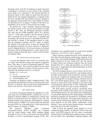 the plugin status of the EV. Considering an epoch, the power
consumption is monitored at every instant. If the calculated
power intake (π) is equivalent to the required power(σ) at
particular instant of time within an epoch, then the time for
which the EV gets charged subsequently is computed. If the
EV hasn’t reached its RC and it did not exceed its computed T,
the aggregator will increment the Σ value (adding 15 minutes
and allowing the EV to charge). If neither of the above two
possibilities occur, the EV is removed from the charger.
The decision box “value t returned” represents measuring
the amount of time an EV may have been allowed to charge
beyond its RC. Thus, the discharging algorithm calculates
this value and the CCDM algorithm checks for a positive
value of t. If the value is positive, then the amount of power
that is consumed by an EV for the time t is computed and
accordingly, that amount of power is discharged from that EV
and diverted to storage. If the algorithm returns no value,
then the aggregator examines the EV’s inputs to identify
the changes in the input values. If these are changed, then
the aggregator penalizes the owner; otherwise it determines
owner’s charging decision . If the owner chooses to discharge
the power, then the discharged power is stored. Since owner’s
opinions change dynamically, there is need to verify the inputs
for changed values.
VI. INCENTIVES AND PENALTIES
As arrival and departure times of EVs are uncertain, there
is a chance that customers change their opinion on departure
times. Thus, there is a need to dynamically update EV status
in every ﬁxed epoch. This would be problem for the system
if the change in opinion is frequent. To gain control over this,
Customers are penalized based on a cost factor:
Penalty= (ir)×(unit cost)
ir = pt ÷at
pt = promised departure time
at = Actual departure time
Customers are allowed to make a charging decision. They
are provided with different incentives for the power they allow
their EVs to discharge. They are paid for the discharged power
based on the unit cost of the power in the market.
VII. SIMULATION
To evaluate the proposed method, the algorithm was simu-
lated using Java and MATLAB.We considered the case of a
parking lot allowing 100EVs to simultaneously recharge their
batteries assuming all the EVs are charged at same rate. The
proposed method works efﬁciently when applied to a parking
lot with capacity of 500EVs. the system assumes the minimum
time that an EV saty in the parking lot is 1 hour and the power
that EV requests to recharge is 120KW
The proposed algorithm, called coordinated
charging/discharging method (CCDM), was compared
with the scored priority rating (SCR) charging scheme
described in [13], as well as a ﬁrst-come ﬁrst-served (FCFS)
discipline, as well as uncoordinated charging (UCR). Thes
Set EV Plugged in
status
Set Σ,T
Set flag = 1
Set epoch = 15
Update π in each ‘i’
σ = π
And
i < epoch
π! = σ
and
i < T
Return
(epoch – i) flag = 0
Yes
No
No
Yes
Fig. 5. Discharging Algorithm
mechanisms were compared based on overall power demand
created by a set of EVs in a day’s operation.
Figure 5 presents a graph showing the various demands from
EVs when using the charging schemes being compared. As the
ﬁgure shows, uncoordinated charging (UCR) clearly places the
highest demand on the grid. Using UCR, EVs are allowed
to charge without any constraints imposed. Thus, the overall
demand from EVs is high and potentially can overload the
power grid, as suggested by the high demand peaks at certain
times of day in the graph.
The FCFS charging scheme is used as follows: the ﬁrst EVs
to arrive are given charging preference, and charging stations
are ﬁlled in that fashion. Later-arriving EVs are kept on hold
and only get swapped into charging mode if the prioritized
(early arriving) EVs are ﬁnished charging. Demand from the
EVs in the FCFS charging scheme is low compared to other
schemes at certain times of day, although we also observe that
its demand peaks approach that of UCR. Additionally, FCFS
suffers in that it does not ensure customer satisfaction.
The SCR scheme typically performs considerably better
than either UCR or FCFS. In this scheme, EVs are prioritized
such that higher priority EVs may charge while remaining EVs
are queued until high priority EVs ﬁnish charging. The CCDM
mechanism integrates the described EV discharging scheme
with the SCR mechanism. The graph clearly shows that, due
to power being extracted from nearby EVs, the CCDM mech-
anism improves on the SCR scheme. Additionally, overall
demand is lower and the peak demand remains consistently
lower than that of the other mechanisms.
Table II shows the aggregate power demand of all the
compared charging schemes. As expected, UCR uses the most
power, with FCFS using less but also using a considerable
amount of power. The SCR clearly optimizes power consump-
tion over either of the “unintelligent” charging stragegies, with
 
