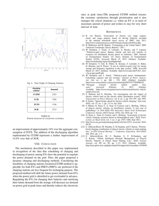 day(hour)
2 4 6 8 10 12 14 16 18 20 22 24
demand(Kw)
50
100
150
200
CCDM
UCR
FCFS
SCR
Fig. 6. Time Graph of Charging Schemes
charging
scheme
demand
CCDM 2323
UCR 3785
FCFS 3156
SCR 2713
TABLE II
POWER DEMAND OF CHARGING SCHEMES
an improvement of approximately 14% over the aggregate con-
sumption of FCFS. The addition of the discharging algorithm
implemented by CCDM represents a further improvement of
14.4% over that of SCR.
VIII. CONCLUSION
The mechanism described in this paper was implemented
in recognition of the idea that scheduling of charging and
discharging of power among EVs have the potential to regulate
the power demand on the grid. Thus, the paper proposed a
dynamic charging and discharging methods. Considering the
feasibility of charging stations locations,CCDM method is ap-
plicable for both EVs and PHEVs.PHEVs are preferred if the
charging stations are less frequent for recharging purpose. The
proposed method will shift the future power demand from EVs
when the power grid is identiﬁed to get overloaded in advance.
Regulating the EVs for charging their batteries and satisfying
their future demand from the storage will decrease tye demand
on power grid at peak times and thereby reduces the electricity
rates at peak times.THe proposed CCDM method ensures
the customer satisfaction through prioritization and it also
manages the crtical situations i.e. when an EV is in need of
maximum amount of power and wishes to stay for very short
interval of time.
REFERENCES
[1] R. van Haaren, “Assessment of electric cars range require-
ments and usage patterns based on driving behavior recorded
in the national household travel survey of 2009,” July 2012,
http://www.solarjourneyusa.com/EVdistanceAnalysisFullText.php.
[2] B. McKenzie and M. Rapino, “Commuting in the United States: 2009.
American Community Survey Reports,” 2011.
[3] W. Kempton, J. Tomi´c, S. Letendre, A. Brooks, and T. Lipman,
“Vehicle-to-grid power: Battery, hybrid, and fuel cell vehicles as
resources for distributed electric power in california,” 2001, Institute
of Transportation Studies. UC Davis: Institute of Transportation
Studies (UCD). Accessed March 25, 2015. [Online]. Available:
https://escholarship.org/uc/item/0qp6s4mb
[4] W. Kempton, V. Udo, K. Huber, K. Komara, S. Letendre, S. Baker,
D. Brunner, and N. Pearre, “A test of vehicle-to-grid (v2g) for energy
storage and frequency regulation in the pjm system,” 2008, Accessed
March 25, 2015. [Online]. Available: http://www.udel.edu/V2G/.../test-
v2g-in-pjm-jan09.pdf
[5] W. Kempton and J. Tomi´c, “Vehicle-to-grid power fundamentals:
Calculating capacity and net revenue,” Journal of Power Sources,
vol. 144, no. 1, pp. 268 – 279, 2005. [Online]. Available:
http://www.sciencedirect.com/science/article/pii/S0378775305000352
[6] “Navigant research electric vehicle market fore-
casts,” Accessed February 22, 2015. [Online].
Available: https://www.navigantresearch.com/research/electric-vehicle-
market-forecasts
[7] S. Rahman and G. Shrestha, “An investigation into the impact of
electric vehicle load on the electric utility distribution system,” IEEE
Transactions on Power Delivery, vol. 8, no. 2, pp. 591–597, Apr 1993.
[8] P. Fairley, “Speed bumps ahead for electric-vehicle charging,” Spectrum,
IEEE, vol. 47, no. 1, pp. 13–14, Jan 2010.
[9] S. Babaei, D. Steen, L. A. Tuan, O. Carlson, and L. Bertling, “Effects
of plug-in electric vehicles on distribution systems: A real case of
gothenburg,” in 2010 IEEE PES Innovative Smart Grid Technologies
Conference Europe (ISGT Europe 2010), Oct 2010, pp. 1–8.
[10] D. Steen, L. Tuan, O. Carlson, and L. Bertling, “Assessment of electric
vehicle charging scenarios based on demographical data,” IEEE Trans-
actions on Smart Grid, vol. 3, no. 3, pp. 1457–1468, Sept 2012.
[11] http://www.eia.gov/todayinenergy/detail.cfm?id=22532, accessed: 2010-
09-30.
[12] E. Akhavan-Rezai, M. Shaaban, E. El-Saadany, and F. Karray, “Priority-
based charging coordination of plug-in electric vehicles in smart parking
lots,” in PES General Meeting — Conference Exposition, 2014 IEEE,
July 2014, pp. 1–5.
[13] E. Akhavan-Rezai, M. F. Shaaban, E. F. El-Saadany, and
F. Karray, “Online Intelligent Demand Management of Plug-In
Electric Vehicles in Future Smart Parking Lots,” IEEE Systems
Journal, vol. PP, no. 99, pp. 1–12, 2015. [Online]. Available:
http://ieeexplore.ieee.org/lpdocs/epic03/wrapper.htm?arnumber=7078950
 