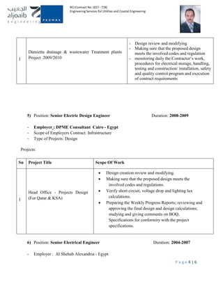 RCJ Contract No. (027 - T28)
Engineering Services for Utilities and Coastal Engineering
P a g e 4 | 6
1
Damietta drainage & wastewater Treatment plants
Project 2009/2010
- Design review and modifying
- Making sure that the proposed design
meets the involved codes and regulation
- monitoring daily the Contractor’s work,
procedures for electrical storage, handling,
testing and construction/ installation, safety
and quality control program and execution
of contract requirements
5) Position: Senior Electric Design Engineer Duration: 2008-2009
- Employer : DPME Consultant Cairo - Egypt
- Scope of Employers Contract: Infrastructure
- Type of Projects: Design
Projects:
Sn Project Title Scope Of Work
1
Head Office - Projects Design
(For Qatar & KSA)
• Design creation review and modifying.
• Making sure that the proposed design meets the
involved codes and regulations.
• Verify short circuit, voltage drop and lighting lux
calculations.
• Preparing the Weekly Progress Reports; reviewing and
approving the final design and design calculations;
studying and giving comments on BOQ,
Specifications for conformity with the project
specifications.
6) Position: Senior Electrical Engineer Duration: 2004-2007
- Employer : Al Shehab Alexandria - Egypt
 