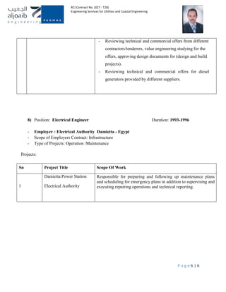 RCJ Contract No. (027 - T28)
Engineering Services for Utilities and Coastal Engineering
P a g e 6 | 6
- Reviewing technical and commercial offers from different
contractors/tenderers, value engineering studying for the
offers, approving design documents for (design and build
projects).
- Reviewing technical and commercial offers for diesel
generators provided by different suppliers.
8) Position: Electrical Engineer Duration: 1993-1996
- Employer : Electrical Authority Damietta - Egypt
- Scope of Employers Contract: Infrastructure
- Type of Projects: Operation /Maintenance
Projects:
Sn Project Title Scope Of Work
1
Damietta Power Station
Electrical Authority
Responsible for preparing and following up maintenance plans
and scheduling for emergency plans in addition to supervising and
executing repairing operations and technical reporting.
 