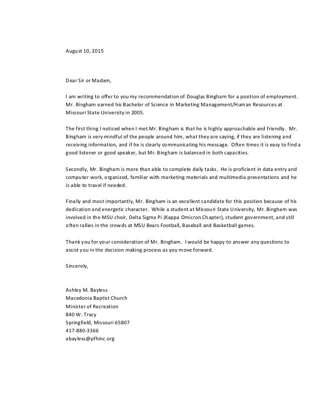 general letter of recommendation for douglas bingham how to write general letter of recommendation