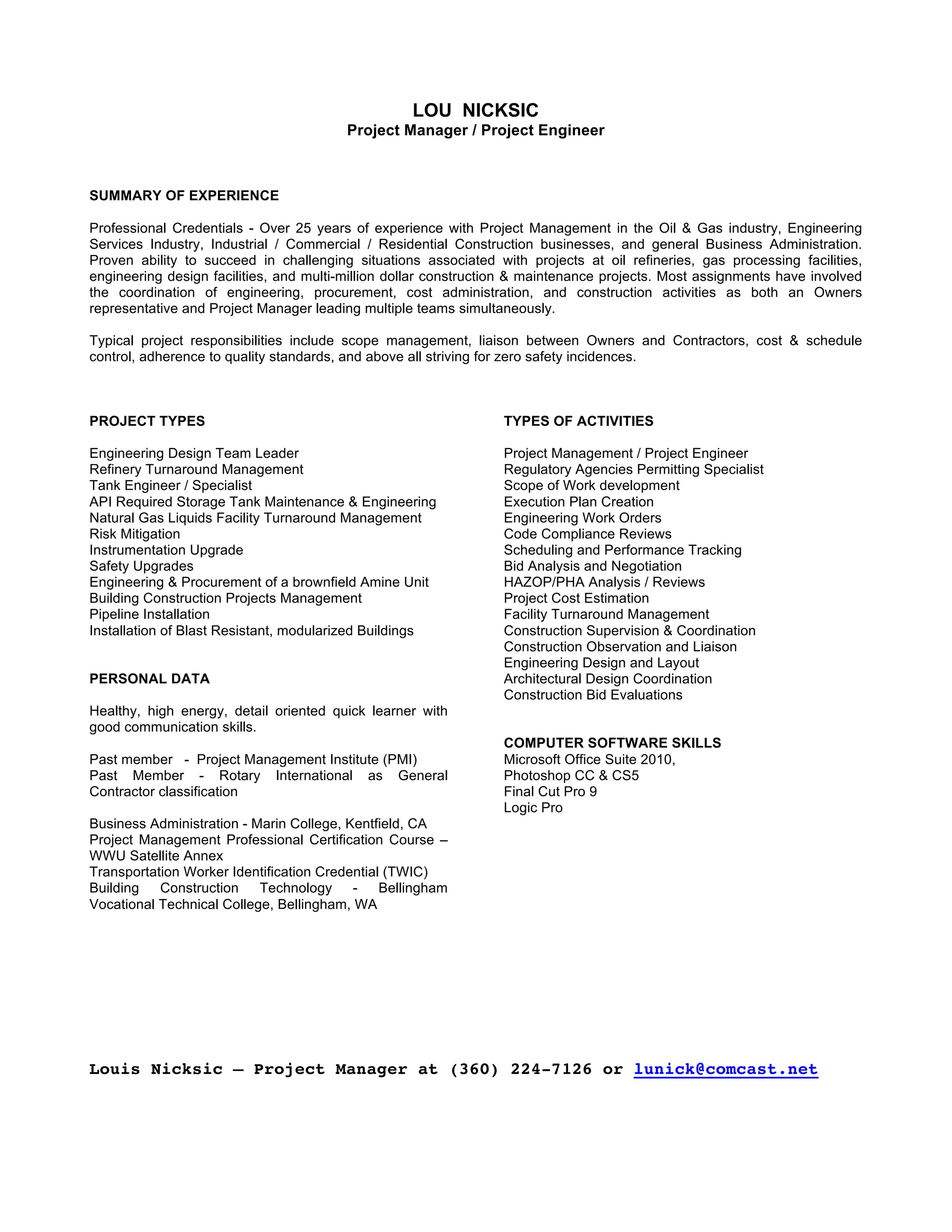 LOU NICKSIC Industrial Oil - LOU NICKSIC Industrial Oil And Gas Resume 041116 1 2048 