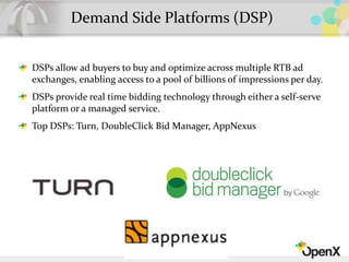 Demand Side Platforms (DSP)
DSPs allow ad buyers to buy and optimize across multiple RTB ad
exchanges, enabling access to a pool of billions of impressions per day.
DSPs provide real time bidding technology through either a self-serve
platform or a managed service.
Top DSPs: Turn, DoubleClick Bid Manager, AppNexus
 