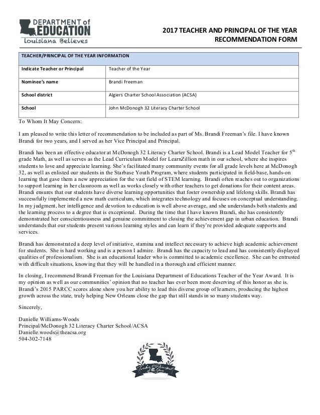 letter of recommendation brandi freeman teacher of the year letter of recommendation from principal