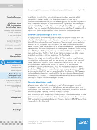 Transforming SAP Infrastructure With Game-Changing EMC XtremIO 14
START
Copyright © 2015 EMC Corporation. All rights reserved.
Published in the USA.
Executive Summary
Challenges facing
SAP functional and
infrastructure teams
1. Complexity of SAP application
lifecycle management
2. High cost of change
management
3. Poor performance and
difficulty enabling growth
4. High cost of recoverability
5. Roadblocks to innovation
XtremIO
Characteristics
Benefits of XtremIO
1. Simplify the SAP
system landscape
XtremIO Snapshots
2. Reduce the total cost
of ownership (TCO) of
non-production copies
3. Streamline management of
performance and growth
4. Boost recoverability while
minimizing costs
5. Innovate at the speed
of business
Best Practices
Conclusion
Next Steps
In addition, XtremIO offers out-of-the-box real-time data services—which
incorporate “always-running” thin provisioning, deduplication, inline
compression, data protection, data-at-rest encryption, and writable snapshots—
with a tremendous impact on your consolidation capabilities. You can finally
consolidate all of your SAP instances into a tiny fraction of the space, saving
CapEx. Then you also save OpEx due to consuming significantly less power, less
data center space, and less person hours to manage the storage arrays.
Smarter, safer data storage at lower cost
In legacy storage environments, deduplication and compression are done only
after the data has been put on the disks, increasing storage processing overhead.
XtremIO’s innovative architecture “finger prints” incoming data streams into the
XtremIO service processor, which compares that data for duplication and only
writes that data once to the flash drive in a compressed format. This allows inline
de-duplication and inline compression to work together at the time data is initially
brought into your SAP system, enabling a much more efficient consolidation of
data and expanding the life of flash drives. It also creates a more agile, writable
snapshot, which saves storage space, and therefore CapEx.
To prove the unique benefits of XtremIO for SAP in regards to simplification,
consolidation, performance, and cost, we set up a test scenario that involved
using the XtremIO snapshot function to reduce the SAP landscape storage
footprint and aid in the refresh process of running all of test/dev and
production systems on the XtremIO array. We created two snapshots of the
production (PRD) system to be used as the base for quality assurance (QAS)
and preproduction (PRE), and one snapshot of the development (DEV) system
to be used as the base for a sandbox (SDX). We also simulated an additional
workload on QAS using SAP client copy to demonstrate that the snapshot of
PRD would have no performance impact on PRE.
Stunning XtremIO test results
What we found: when fully consolidating SAP infrastructure on XtremIO,
businesses can consolidate both SAP physical and virtual landscapes to a
scale-out all flash array without performance degradation, resulting in dramatic
data reduction for a smaller footprint in the data center.
And architecture does matter: in our tests, XtremIO showed predictable all-flash
performance in a scale-out architecture with rich data services allows many
SAP application workloads to be run on the same platform (OTLP, DW, analytics,
reports, test  development).
 