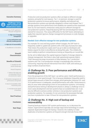 Transforming SAP Infrastructure With Game-Changing EMC XtremIO 6
START
Copyright © 2015 EMC Corporation. All rights reserved.
Published in the USA.
Executive Summary
Challenges facing
SAP functional and
infrastructure teams
1. Complexity of SAP application
lifecycle management
2. High cost of change
management
3. Poor performance and
difficulty enabling growth
4. High cost of recoverability
5. Roadblocks to innovation
XtremIO
Characteristics
Benefits of XtremIO
1. Simplify the SAP
system landscape
XtremIO Snapshots
2. Reduce the total cost
of ownership (TCO) of
non-production copies
3. Streamline management of
performance and growth
4. Boost recoverability while
minimizing costs
5. Innovate at the speed
of business
Best Practices
Conclusion
Next Steps
Production and non-production systems often are kept on different storage
systems, primarily for cost reasons. Tier 1, or premium, storage is used for
production systems to ensure performance, reliability, and reduced risk.
Non-production systems are typically relegated to slower and cheaper Tier 2
storage systems since performance and reliability are viewed as less important.
Even so, for cost reasons, enterprises rarely procure sufficient storage for
non-production systems, frequently leaving SAP test and development teams
starved for resources. This raises difficulties for the SAP teams attempting to
apply their required rigorous change management processes to code changes
or upgrades.
Needed: Cost-effective storage for non-production systems
For example, for cost and long system refresh outages, the SAP team is
frequently unable to update QA systems with a full copy of production data.
That means the production copies aren’t as up to date as developers and
testers require for them to be effective at doing their jobs. This inhibits the
team’s ability to perform comprehensive testing as frequently as it would like.
So far, we’ve talked about the capital expense (CapEx) of storage related to
change management. But there is also high operational expense (OpEx).
That’s because the large movements of data between Tier 1 production
systems and Tier 2 non-production storage is exceedingly slow and time-
consuming, requiring manual intervention from the IT staff, and racking up
large numbers of person-hours.
Challenge No. 3: Poor performance and difficulty
enabling growth
From the perspective of the SAP team—as well as users—batch performance in
production is never good enough. This is because databases frequently need to
extract large amounts of data from storage, which generates intensive I/O—and
if I/O performance is inadequate, overall performance will suffer. Performance is
also an issue when attempting to test on non-production systems. Unit testing
and performance testing in development phases is always a challenge since in
most cases development and test systems have an outdated data set. It can
also be difficult to achieve similar runtimes in non-production systems and
production systems. For example, it’s not uncommon for processes that take
one hour in production to take 10 hours for non-production systems.
Challenge No. 4: High cost of backup and
recoverability
Creating backups impacts SAP system performance, so, to decrease the
impact, organizations typically use storage copy/clone technology to create
separate duplicated images for backup. However, the inability to make
duplicates of production systems at frequent-enough intervals forces SAP
 