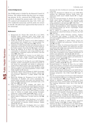 Acknowledgements
The FVMM project is funded by the Research Council of
Norway. The authors declare that they have no compet-
ing interests. K.-I.K. conceived the FVMM project. E.B.
and K-I.K. designed the present study. N.Ø., T.H.S. and
E.B. analysed and interpreted the data. N.Ø., T.H.S. and
F.N.V. drafted the manuscript, and E.B. and K.-I.K. revised
it critically. All authors have approved the ﬁnal version of
the manuscript.
References
1. Rampersaud GC, Pereira MA, Girard BL et al. (2005)
Breakfast habits, nutritional status, body weight, and
academic performance in children and adolescents. J Am
Diet Assoc 105, 743–760.
2. Nicklas TA, Morales M, Linares A et al. (2004) Children’s
meal patterns have changed over a 21-year period: the
Bogalusa Heart Study. J Am Diet Assoc 104, 753–761.
3. Samuelson G (2000) Dietary habits and nutritional status in
adolescents over Europe. An overview of current studies in
the Nordic countries. Eur J Clin Nutr 54, Suppl. 1, S21–S28.
4. Merten MJ, Williams AL & Shriver LH (2009) Breakfast
consumption in adolescence and young adulthood: par-
ental presence, community context, and obesity. J Am Diet
Assoc 109, 1384–1391.
5. Andersen LF, Lillegaard IT, Overby N et al. (2005) Over-
weight and obesity among Norwegian schoolchildren:
changes from 1993 to 2000. Scand J Public Health 33,
99–106.
6. Croezen S, Visscher TL, Ter Bogt NC et al. (2009) Skipping
breakfast, alcohol consumption and physical inactivity as
risk factors for overweight and obesity in adolescents:
results of the E-MOVO project. Eur J Clin Nutr 63, 405–412.
7. Dubois L, Girard M & Potvin KM (2006) Breakfast eating
and overweight in a pre-school population: is there a link?
Public Health Nutr 9, 436–442.
8. Groholt EK, Stigum H & Nordhagen R (2008) Overweight
and obesity among adolescents in Norway: cultural and
socio-economic differences. J Public Health (Oxf) 30,
258–265.
9. Barton BA, Eldridge AL, Thompson D et al. (2005) The
relationship of breakfast and cereal consumption to
nutrient intake and body mass index: the National Heart,
Lung, and Blood Institute Growth and Health Study. J Am
Diet Assoc 105, 1383–1389.
10. Delva J, Johnston LD & O’Malley PM (2007) The
epidemiology of overweight and related lifestyle behaviors:
racial/ethnic and socioeconomic status differences among
American youth. Am J Prev Med 33, 4 Suppl., S178–S186.
11. Vik FN, Øverby NC, Lien N et al. (2010) Number of meals
eaten in relation to weight status among Norwegian
adolescents. Scand J Public Health 38, Suppl. 5, 13–18.
12. Moreno LA, Rodriguez G, Fleta J et al. (2010) Trends of
dietary habits in adolescents. Crit Rev Food Sci Nutr 50,
106–112.
13. Overby NC, Margeirsdottir HD, Brunborg C et al. (2008)
Sweets, snacking habits, and skipping meals in children
and adolescents on intensive insulin treatment. Pediatr
Diabetes 9, 393–400.
14. Mamun AA, Lawlor DA, O’Callaghan MJ et al. (2005)
Positive maternal attitude to the family eating together
decreases the risk of adolescent overweight. Obes Res 13,
1422–1430.
15. Franko DL, Thompson D, Affenito SG et al. (2008) What
mediates the relationship between family meals and
adolescent health issues? Health Psychol 27, 2 Suppl.,
S109–S117.
16. Larson NI, Neumark-Sztainer D, Hannan PJ et al. (2007)
Family meals during adolescence are associated with
higher diet quality and healthful meal patterns during
young adulthood. J Am Diet Assoc 107, 1502–1510.
17. Nordic Council of Ministers (2004) Eating pattern. In Nordic
Nutrition Recommendations 2004: Integrating Nutrition
and Physical Activity, pp. 85–101. Copenhagen: Nordic
Council of Ministers.
18. Bere E, Hilsen N & Klepp K-I (2010) Effect of the
nationwide free school fruit scheme in Norway. Br J Nutr
104, 589–594.
19. Statistics Norway (2010) Education statistics. Students
at universities and colleges, 1 October 2009. http://
www.ssb.no/english/subjects/04/02/40/utuvh_en/ (accessed
December 2010).
20. Agostoni C & Brighenti F (2010) Dietary choices for
breakfast in children and adolescents. Crit Rev Food Sci
Nutr 50, 120–128.
21. Wurbach A, Zellner K & Kromeyer-Hauschild K (2009)
Meal patterns among children and adolescents and their
associations with weight status and parental characteristics.
Public Health Nutr 12, 1115–1121.
22. Hoyland A, Dye L & Lawton CL (2009) A systematic review
of the effect of breakfast on the cognitive performance of
children and adolescents. Nutr Res Rev 22, 220–243.
23. Pearson N, Biddle SJ & Gorely T (2009) Family correlates of
breakfast consumption among children and adolescents. A
systematic review. Appetite 52, 1–7.
24. Stewart SD & Menning CL (2009) Family structure,
nonresident father involvement, and adolescent eating
patterns. J Adolesc Health 45, 193–201.
25. Neumark-Sztainer D, Hannan PJ, Story M et al. (2003)
Family meal patterns: associations with sociodemographic
characteristics and improved dietary intake among adoles-
cents. J Am Diet Assoc 103, 317–322.
26. Moreno LA, Kersting M, de Henauw S et al. (2005) How to
measure dietary intake and food habits in adolescence: the
European perspective. Int J Obes (Lond) 29, Suppl. 2,
S66–S77.
27. Story M, Neumark-Sztainer D & French S (2002) Individual
and environmental inﬂuences on adolescent eating beha-
viors. J Am Diet Assoc 102, 3 Suppl., S40–S51.
28. Sjoberg A, Hallberg L, Hoglund D et al. (2003) Meal
pattern, food choice, nutrient intake and lifestyle factors in
The Goteborg Adolescence Study. Eur J Clin Nutr 57,
1569–1578.
29. Siega-Riz AM, Popkin BM & Carson T (1998) Trends in
breakfast consumption for children in the United States
from 1965–1991. Am J Clin Nutr 67, 748S–756S.
30. Rasmussen M, Krolner R, Klepp KI et al. (2006) Determi-
nants of fruit and vegetable consumption among children
and adolescents: a review of the literature. Part I:
Quantitative studies. Int J Behav Nutr Phys Act 3, 22.
31. Bere E, Glomnes ES, te Velde SJ et al. (2008) Determinants
of adolescents’ soft drink consumption. Public Health Nutr
11, 49–56.
32. Thompson FE & Byers T (1994) Dietary assessment
resource manual. J Nutr 124, 11 Suppl., 2245S–2317S.
33. Andersen LF, Bere E, Kolbjornsen N et al. (2004) Validity
and reproducibility of self-reported intake of fruit and
vegetable among 6th graders. Eur J Clin Nutr 58, 771–777.
SPublicHealthNutrition
6 N Øverby et al.
 