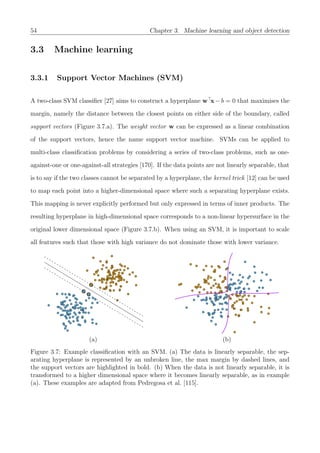 54 Chapter 3. Machine learning and object detection
3.3 Machine learning
3.3.1 Support Vector Machines (SVM)
A two-class SVM classiﬁer [27] aims to construct a hyperplane w x−b = 0 that maximises the
margin, namely the distance between the closest points on either side of the boundary, called
support vectors (Figure 3.7.a). The weight vector w can be expressed as a linear combination
of the support vectors, hence the name support vector machine. SVMs can be applied to
multi-class classiﬁcation problems by considering a series of two-class problems, such as one-
against-one or one-against-all strategies [170]. If the data points are not linearly separable, that
is to say if the two classes cannot be separated by a hyperplane, the kernel trick [12] can be used
to map each point into a higher-dimensional space where such a separating hyperplane exists.
This mapping is never explicitly performed but only expressed in terms of inner products. The
resulting hyperplane in high-dimensional space corresponds to a non-linear hypersurface in the
original lower dimensional space (Figure 3.7.b). When using an SVM, it is important to scale
all features such that those with high variance do not dominate those with lower variance.
(a) (b)
Figure 3.7: Example classiﬁcation with an SVM. (a) The data is linearly separable, the sep-
arating hyperplane is represented by an unbroken line, the max margin by dashed lines, and
the support vectors are highlighted in bold. (b) When the data is not linearly separable, it is
transformed to a higher dimensional space where it becomes linearly separable, as in example
(a). These examples are adapted from Pedregosa et al. [115].
 