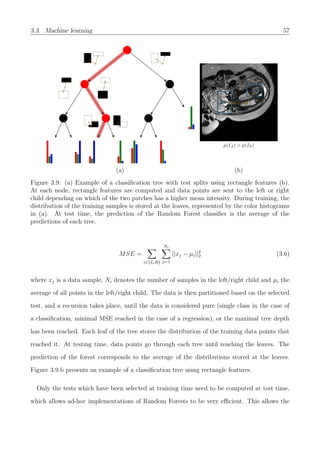 3.3. Machine learning 57
AA
BB
µ(IA) > µ(IB)
(a) (b)
Figure 3.9: (a) Example of a classiﬁcation tree with test splits using rectangle features (b).
At each node, rectangle features are computed and data points are sent to the left or right
child depending on which of the two patches has a higher mean intensity. During training, the
distribution of the training samples is stored at the leaves, represented by the color histograms
in (a). At test time, the prediction of the Random Forest classiﬁer is the average of the
predictions of each tree.
MSE =
i∈{L,R}
Ni
j=1
||xj − µi||2
2 (3.6)
where xj is a data sample, Ni denotes the number of samples in the left/right child and µi the
average of all points in the left/right child. The data is then partitioned based on the selected
test, and a recursion takes place, until the data is considered pure (single class in the case of
a classiﬁcation, minimal MSE reached in the case of a regression), or the maximal tree depth
has been reached. Each leaf of the tree stores the distribution of the training data points that
reached it. At testing time, data points go through each tree until reaching the leaves. The
prediction of the forest corresponds to the average of the distributions stored at the leaves.
Figure 3.9.b presents an example of a classiﬁcation tree using rectangle features.
Only the tests which have been selected at training time need to be computed at test time,
which allows ad-hoc implementations of Random Forests to be very eﬃcient. This allows the
 
