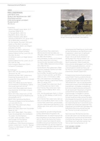 3203
MAX LIEBERMANN
(1847 Berlin 1935)
Studie zu den Netzflickerinnen. 1887.
Öl auf Karton auf Holz.
Unten rechts signiert und datiert:
MLiebermann 87.
70 × 91 cm.
Provenienz:
- Auktion Rudolph Lepke, Berlin, 6./7.
November 1898, Nr. 52.
- G. Hempel, Berlin, 1907–15.
- Max Böhm, Berlin, 1923–31.
- Auktion Rudolph Lepke, Berlin,
Sammlung Max Böhm, 28. Januar 1931,
Nr. 32 (Werk blieb unverkauft).
- Dr. Fritz Nathan, München, 1931 wohl
direkt von Max Böhm erworben.
- Robert Neumann, Berlin, von Obigem
erworben, bis 1936.
- Ilse Neumann, Meran, 1936 durch
Schenkung von Obigem erhalten.
- Auktion Galerie Fischer, Luzern 20.–24.
Mai 1941, Nr. 953.
- Dr. Scherrer, Luzern, an obiger Auktion
erworben.
- Auktion Galerie Fischer, Luzern, 25.–27.
Mai 1944, Nr. 768.
- Hans Soraperra-Blattmann, Zürich.
- Schweizer Privatbesitz.
Ausstellungen:
- Berlin 1907, XIII. Ausstellung der Berliner
Secession, Nr. 130.
- Frankfurt am Main 1907, Liebermann,
Frankfurter Kunstverein, Nr. 25.
- Leipzig 1907, Max Liebermann, Leipziger
Kunstverein, Nr. 24.
- Berlin 1915, Werke deutscher Meister
aus Privatbesitz, II. Ausstellung, Galerie
Fritz Gurlitt, April 1915, Nr. 50.
- Zürich 1923, Max Liebermann, Kunst-
haus Zürich, Nr. 32 (mit Abb. im Ausst.
Kat. Tafel XVII).
- Berlin 1927, Max Liebermann zum 80.
Geburtstag, Preussische Akademie der
Künste Berlin, Nr. 27.
- Berlin 1930, Sammlung Max Böhm,
Preussische Akademie der Künste Berlin,
Juni–Juli 1930, Nr. 33.
- Wien 1937, Max Liebermann, Neue
Galerie Wien, Nr. 16.
- Basel 1937, Max Liebermann, Kunsthalle
Basel, Nr. 139.
- Bern 1937, Albert Welti - Max Lieber-
mann, Kunsthalle Bern, Nr. 144 (Besitz:
St. Gallen, Dr. Fritz Nathan).
- St. Gallen 1938, Gemälde - Hand­
zeichnungen, Dr. Fritz Nathan
(mit Abb. im Ausst. Kat. S. 15).
- Schaffhausen 1955, Deutsche Impressi-
onisten, Liebermann - Corinth - Slevogt,
Museum zu Allerheiligen, 23. April–24.
Juli 1955, Nr. 12.
Literatur:
- Matthias Eberle: Max Liebermann,
Werkverzeichnis der Gemälde und
Ölstudien 1900–1935, Bd. 1, S. 322/323,
Nr. 1887/28 (mit Abb.).
- Katrin Boskamp: Studien zum Frühwerk
von Max Liebermann mit einem
Verzeichnis der Gemälde und Ölstudien
von 1866–1889, Hildesheim/Zürich/New
York 1994, Nr. 221.
- Günter Busch: Max Liebermann. Maler,
Zeichner, Graphiker, Frankfurt am Main
1986, S. 61 (mit Abb.).
- Karl Scheffler: Rückblick auf Max Lieber-
mann, in: Kunst und Volk, Jg. XII 1950,
Heft 5, S. 103–113 (mit Abb. S. 108).
- W. D.: Die Liebermann-Ausstellung in
der Neuen Galerie, in: Neue Freie Presse,
Wien 15. Januar 1937.
- Hans Ostwald: Das Liebermann-Buch
mit 270 Illustrationen, Berlin 1930.
- Erich Hancke: Max Liebermann. Sein
Leben und seine Werke, Berlin 1923,
S. 235.
- N.N.: Von Ausstellungen, Berlin, in: Kunst
für Alle, Jg. XXX, Beilage zu Heft 19/20,
Juli 1915, S. 1.
- Erich Hancke: Max Liebermann. Sein Le-
ben und seine Werke, Berlin 1923, S. 235.
- Gustav Pauli: Liebermann, eine Auswahl
aus dem Lebenswerk des Meisters in 101
Abbildungen, Anm. auf S. 245 zu S. 80 (d),
S. 252.
Die vorliegende, grossformatige Studie
zu Max Liebermanns Hauptwerk die
Netzflickerinnen ist sowohl historisch als
auch thematisch ein wichtiges Schlüssel-
werk im Œuvre des deutschen Impres-
sionisten. Liebermann hegt zeit seines
Schaffens eine grosse Faszination für die
einfache Bevölkerung, die ihrer täglichen
Arbeit im Freien nachgeht. Während seiner
Hochzeitsreise 1884 wird er von seinem
niederländischen Malerfreund Jozef Israëls
auf das Genrethema der Netzflickerinnen
hingewiesen. Liebermann ist gefesselt
von dem Anblick der netzflickenden
Frauen, die an der Küste arbeitend, auf
die Rückkehr ihrer Männer warten und
darauf hoffen, dass diese noch vor dem
Sturm heimkehren. Diese Dualität der
menschlichen Abhängigkeit vom Fischfang
als Ernährungsquelle einerseits, und der
unbezwingbaren Gewalt der Natur, der
der Mensch schonungslos ausgeliefert ist
andererseits, fesselt Liebermann.
Es beginnt eine intensive Auseinanderset-
zung mit dem Thema und etliche Skizzen
und Figurenstudien entstehen. Das von uns
angebotene Gemälde ist den berühmten
Netzflickerinnen, das sich als Hauptwerk
Liebermanns heute in der Kunsthalle Ham-
burg befindet, unmittelbar vorangehend.
Es ist der einzige Kompositionsentwurf in
Öl, der bereits dem Hauptwerk entspricht
und kombiniert verschiedene kleinere
Figurenstudien. Im Vergleich zu diesen
eher starren Studien, ist das vorliegende,
für eine Studie besonders grosse Gemälde,
eine bewegte Komposition, die durch einen
freien und spontanen Farbauftrag besticht.
Der herannahende Sturm wird bereits durch
das flatternde Gewand der stehenden Frau
angedeutet und verleiht dem Gemälde eine
bedrohliche Stimmung, die die Dramatik
des Themas nochmals unterstreicht.
Nach intensiven Recherchen konnten
kürzlich alle Erben nach Ilse Neumann aus-
findig gemacht und eine einvernehmliche
Lösung für den Verkauf der Studie zu den
Netzflickerinnen gefunden werden (vgl.
Text zur Sammlung Neumann S. 4).
CHF 120 000 / 150 000
(€ 90 910 / 136 360)
Max Liebermann, Die Netzflickerinnen, 1887–89,
© bpk | Hamburger Kunsthalle | Elke Walford.
| 6
Impressionismus  Moderne
 