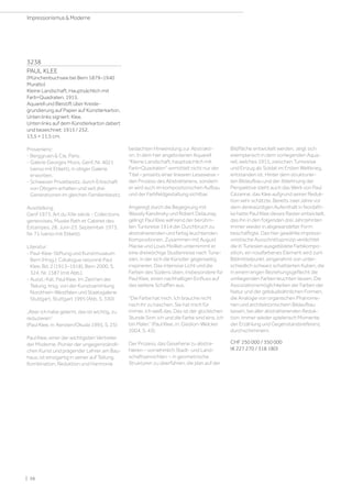 3238
PAUL KLEE
(Münchenbuchsee bei Bern 1879–1940
Muralto)
Kleine Landschaft, Hauptsächlich mit
Farb=Quadraten. 1915.
Aquarell und Bleistift über Kreide­
grundierung auf Papier auf Künstlerkarton.
Unten links signiert: Klee.
Unten links auf dem Künstlerkarton datiert
und bezeichnet: 1915 / 252.
13,5 × 11,5 cm.
Provenienz:
- Berggruen  Cie, Paris.
- Galerie Georges Moos, Genf, Nr. 4021
(verso mit Etikett), in obiger Galerie
erworben.
- Schweizer Privatbesitz, durch Erbschaft
von Obigem erhalten und seit drei
Generationen im gleichen Familienbesitz.
Ausstellung:
Genf 1973, Art du XXe siècle - Collections
genevoises, Musée Rath et Cabinet des
Estampes, 28. Juni–23. September 1973,
Nr. 71 (verso mit Etikett).
Literatur:
- Paul-Klee-Stiftung und Kunstmuseum
Bern (Hrsg.): Catalogue raisonné Paul
Klee, Bd. 2 (1913–1918), Bern 2000, S.
324, Nr. 1587 (mit Abb.).
- Ausst.-Kat. Paul Klee. Im Zeichen der
Teilung, hrsg. von der Kunstsammlung
Nordrhein-Westfalen und Staatsgalerie
Stuttgart, Stuttgart 1995 (Abb. S. 330).
„Aber ich habe gelernt, das ist wichtig, zu
reduzieren“
(Paul Klee, in: Kersten/Okuda 1995, S. 25)
Paul Klee, einer der wichtigsten Vertreter
der Moderne, Pionier der ungegenständli-
chen Kunst und prägender Lehrer am Bau-
haus, ist einzigartig in seiner auf Teilung,
Kombination, Reduktion und Harmonie
bedachten Hinwendung zur Abstrakti-
on. In dem hier angebotenen Aquarell
Kleine Landschaft, hauptsächlich mit
Farb=Quadraten vermittelt nicht nur der
Titel – jenseits einer linearen Leseweise –
den Prozess des Abstrahierens, sondern
er wird auch im kompositorischen Aufbau
und der Farbfeldgestaltung sichtbar.
Angeregt durch die Begegnung mit
Wassily Kandinsky und Robert Delaunay,
gelingt Paul Klee während der berühm-
ten Tunisreise 1914 der Durchbruch zu
abstrahierenden und farbig leuchtenden
Kompositionen. Zusammen mit August
Macke und Louis Moilliet unternimmt er
eine dreiwöchige Studienreise nach Tune-
sien, in der sich die Künstler gegenseitig
inspirieren. Das intensive Licht und die
Farben des Südens üben, insbesondere für
Paul Klee, einen nachhaltigen Einfluss auf
das weitere Schaffen aus.
“Die Farbe hat mich. Ich brauche nicht
nach ihr zu haschen. Sie hat mich für
immer, ich weiß das. Das ist der glücklichen
Stunde Sinn: ich und die Farbe sind eins. Ich
bin Maler.“ (Paul Klee, in: Giedion-Welcker
2004, S. 43).
Der Prozess, das Gesehene zu abstra-
hieren – vornehmlich Stadt- und Land-
schaftsansichten –, in geometrische
Strukturen zu überführen, die plan auf der
Bildfläche entwickelt werden, zeigt sich
exemplarisch in dem vorliegenden Aqua-
rell, welches 1915, zwischen Tunisreise
und Einzug als Soldat im Ersten Weltkrieg,
entstanden ist. Hinter dem strukturier-
ten Bildaufbau und der Ablehnung der
Perspektive steht auch das Werk von Paul
Cézanne, das Klee aufgrund seiner Reduk-
tion sehr schätzte. Bereits zwei Jahre vor
dem denkwürdigen Aufenthalt in Nordafri-
ka hatte Paul Klee dieses Raster entwickelt,
das ihn in den folgenden drei Jahrzehnten
immer wieder in abgewandelter Form
beschäftigte. Das hier gewählte impressi-
onistische Ausschnittsprinzip verdichtet
die in Tunesien ausgebildete Farbkompo-
sition, ein rosafarbenes Element wird zum
Bildmittelpunkt, eingerahmt von unter-
schiedlich schwarz schattierten Kuben, die
in einem engen Beziehungsgeflecht die
umliegenden Farben leuchten lassen. Die
Assoziationsmöglichkeiten der Farben der
Natur und der gebäudeähnlichen Formen,
die Analogie von organischen Phänome-
nen und architektonischem Bildaufbau
lassen, bei aller abstrahierenden Reduk-
tion, immer wieder spielerisch Momente
der Erzählung und Gegenstandsreferenz
durchschimmern.
CHF 250 000 / 350 000
(€ 227 270 / 318 180)
| 56
Impressionismus  Moderne
 