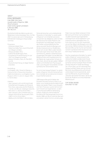 3261*
EMILE BERNARD
(Lille 1868–1941 Paris)
Le jardin public à Mayenne. 1886.
Öl auf Leinwand.
Unten rechts signiert und datiert:
E. Bernard 1886.
38 × 46,3 cm.
Die Authentizität des Werks wurde vom
Wildenstein Institut bestätigt, Paris, 10. Mai
2007. Es wird in den sich in Vorbereitung
befindenden Catalogue critique aufge-
nommen.
Provenienz:
- Ambroise Vollard, Paris.
- Robert de Galéa, Paris, durch Erbschaft
von Obigem erhalten.
- Marquis de Bollin, Paris.
- Galerie Nicole Bertagna, Paris.
- Europäische Privatsammlung, im Juni
1957 von Obigem erworben.
- Auktion Christie's, Paris, 25. Mai 2007,
Los 56.
- Deutsche Sammlung, an obiger Auktion
erworben.
Ausstellung:
Los Angeles 1991, Monet to Matisse: a
Century of Art in France from Southern
California Collections, Los Angeles County
Museum of Art, 9. Juni–11. August 1991,
S. 78 (mit Abb.).
Literatur:
- Jean-Jacques Luthi und Armand Israël:
Emile Bernard, Instigateur de l‘École de
Pont-Aven, precurseur de l‘Art Moderne
– Sa Vie, son Œuvre, Catalogue raisonné,
Paris 2014, S. 140, Nr. 20 (mit Abb.).
- Jean-Jacques Luthi: Emile Bernard, Ca-
talogue raisonné de l'œuvre peint, Paris
1982, S. 6, Nr. 25 (mit Abb.).
- Weltkunst Nr. 05/2008, S. 60 (mit Abb.).
Fahrende Kutschen und vorbeilaufende
Passanten im Gemälde Le Jardin public
à Mayenne von Emile Bernard veran-
schaulichen das alltägliche Leben im Park
der französischen Stadt Mayenne. Die
Kombination aus lebendigen, leuchten-
den Farben und pointillistischer Mal-
weise assoziiert deutliche Bezüge zum
Stil des Impressionismus. Parallel dazu
lassen sich an dem Werk zudem bereits
Formulierungen eines neuen Stils, dem
Synthetismus, ablesen: starke Konturen,
ausgeprägte Flächigkeit und die Wahl des
Bildausschnitts sind charakteristisch für
die Malerei der sogenannten Schule von
Pont-Aven, die sich ab den späten 1880er-
Jahren um Emile Bernard, Paul Gauguin
oder Louis Anquetin herausbildet und den
synthetischen Stil entstehen lässt.
So nimmt das hiesige Frühwerk Le Jardin
public à Mayenne eine Art Scharnierfunk-
tion innerhalb der künstlerischen Entwick-
lung Emile Bernards ein.
1884 beginnt Bernard im Atelier des
Künstlers Fernard Cormon in Paris zu ar-
beiten, wo er bedeutende Kontakte knüpft.
Neben den beiden Malern Louis Anquetin
und Henri Toulouse-Lautrec lernt er dort
auch Vincent van Gogh kennen, zu dem
er eine freundschaftliche Verbindung
aufbaut. Aufgrund unterschiedlicher
künstlerischer Überzeugungen kommt es
bereits 1886 zum Bruch zwischen Bernard
und seinem Lehrer Cormon und der junge
Maler muss das Atelier verlassen. Emile
Bernard sucht fortan nach erweiterten
visuellen Gestaltungsmöglichkeiten
und beginnt ein neues Kapitel fern vom
impressionistisch geprägten Paris. Zu
Fuss macht er sich von der Hauptstadt
aus auf den Weg in die Bretagne und in die
Normandie. Während dieser Zeit zeigt sich
Bernard offen auf der Suche nach künstle-
rischem und literarischem Austausch und
lernt neue Traditionen kennen.
Das hier angebotene Gemälde Le Jardin
public à Mayenne veranschaulicht die
stilistische Vielfalt und Bernards Freude
am Experimentieren. Das Werk entsteht
auf seiner sechsmonatigen Reise mit dem
Ziel der Ankunft im Süden der Bretag-
ne, in Pont-Aven, wo sich seinerzeit Paul
Gauguin aufhielt. Dieser wird vor Ort auf
Bernards neue Bildsprache aufmerksam
und es beginnt eine inspirierende, wenn
auch konfliktreiche, Zusammenarbeit
zwischen den beiden Künstlern, die für die
Kunst der Moderne von entscheidender
Bedeutung ist.
CHF 50 000 / 80 000
(€ 45 450 / 72 730)
| 86
Impressionismus  Moderne
 